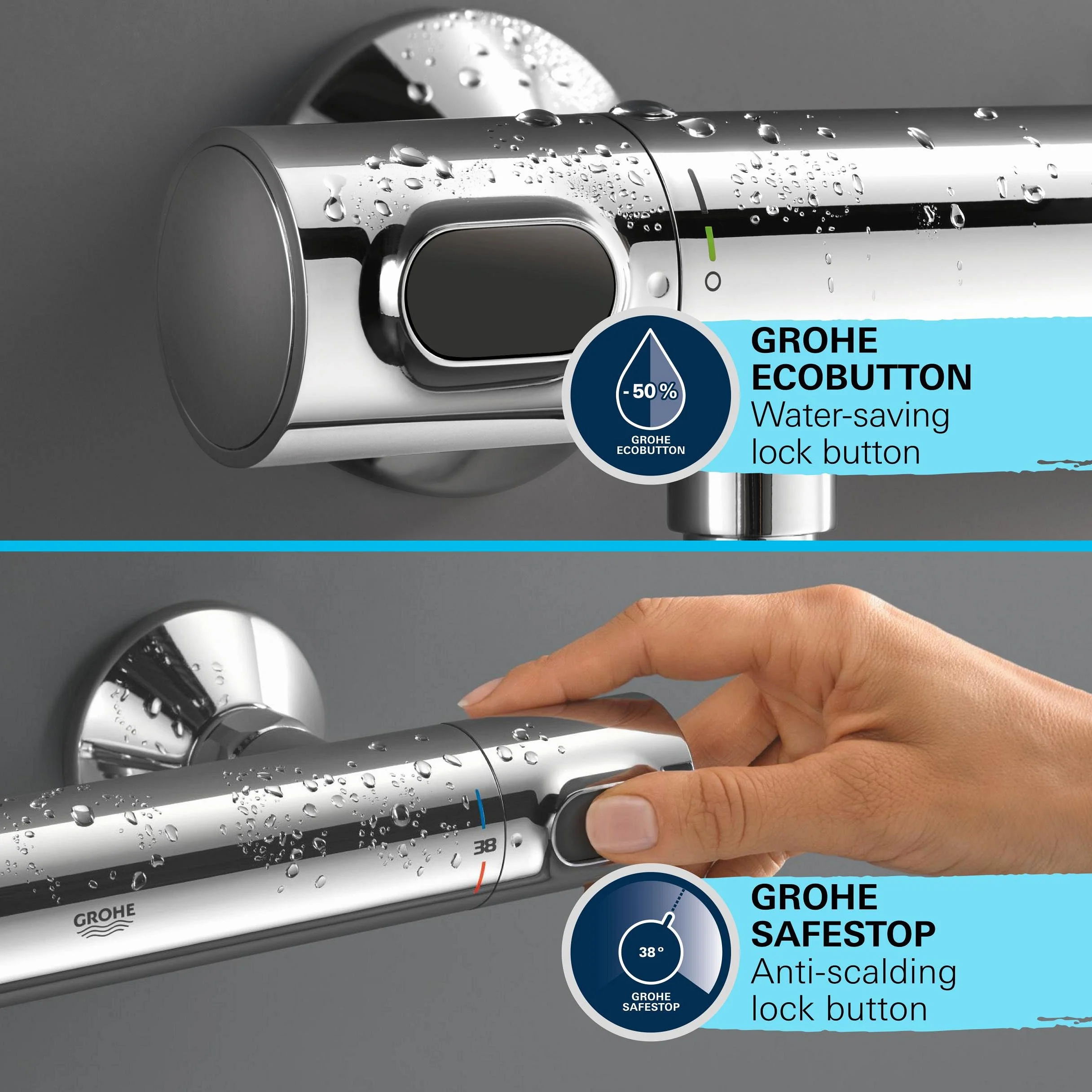 Grohe Precision Flow 34805001 zestaw prysznicowy z termostatem, oszczędność wody ~ 8 l/min (1 rodzaj strumienia, blokada bezpieczeństwa w temperaturze 38°C, drążek prysznicowy 90 cm, wraz z