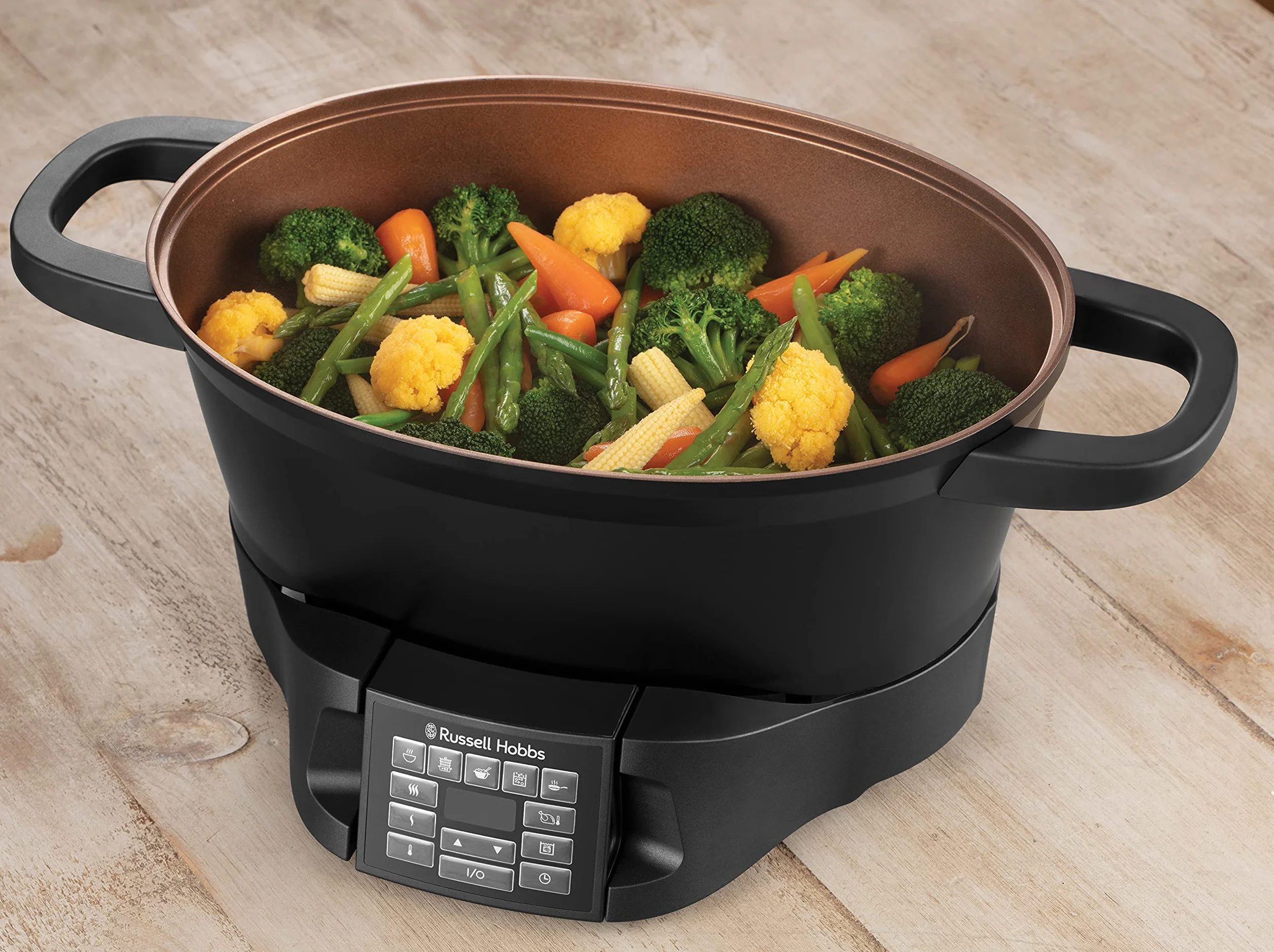 Russell Hobbs multicooker, 8 funkcji, cyfrowy programator i timer, pokrywka ze szkła hartowanego, gotowanie sous-vide, zimne uchwyty, pojemność 6,5l, moc 1000W, czarny, Good To Go 28270-56
