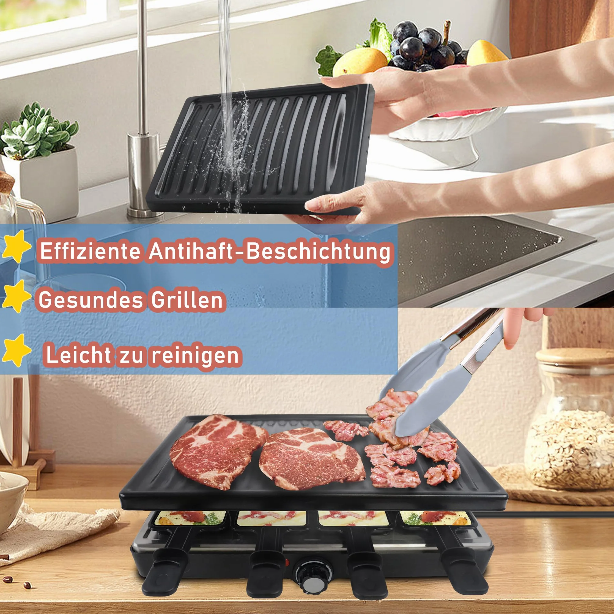 YRHome Grill Raclette 1500 W dla 8 Osób z Płytą Kamienną i Grillową, 8 Patelni, Bezstopniowa Regulacja Temperatury