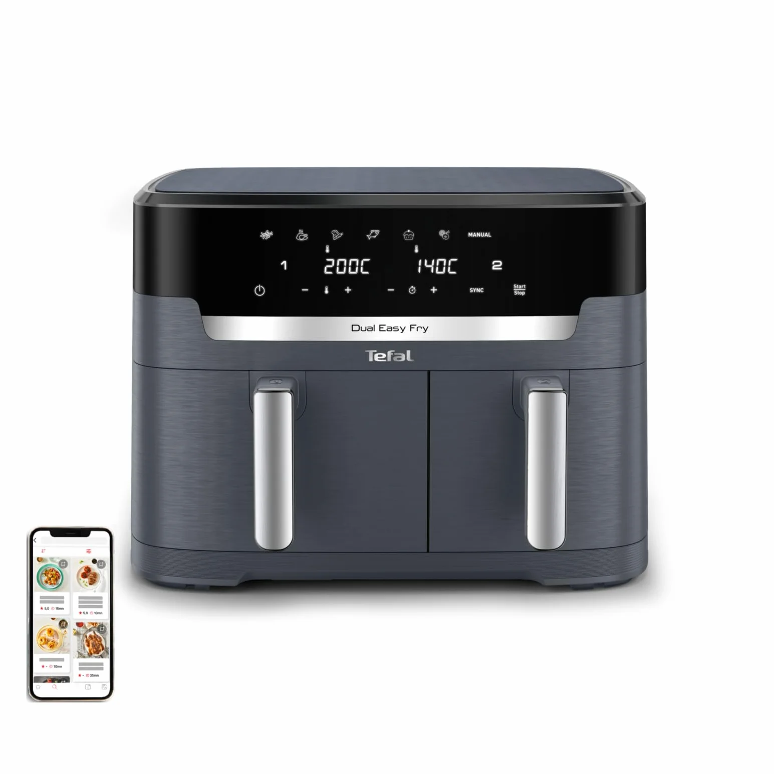 TEFAL EY942B Frytkownica beztłuszczowa Dual Easy Fry XXL 11 l 6,5 l + 4,5 l Extra Crisp szara