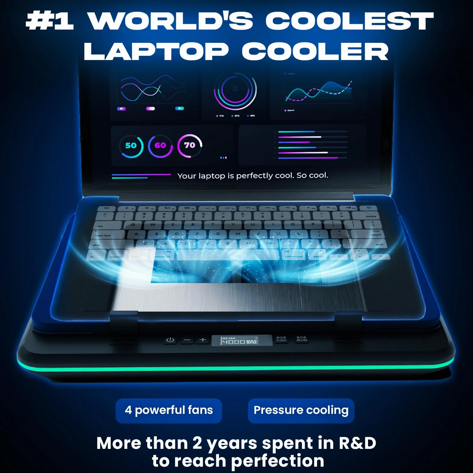 KLIM Turbofrost podkładka chłodząca do laptopa do gier, 4 potężne wentylatory turbo, 4 x 4000 obr./min, chłodziarka do laptopa, 2 tryby zasilania USB-C/DC, dynamiczny RGB, 4 porty USB, uszczelniona