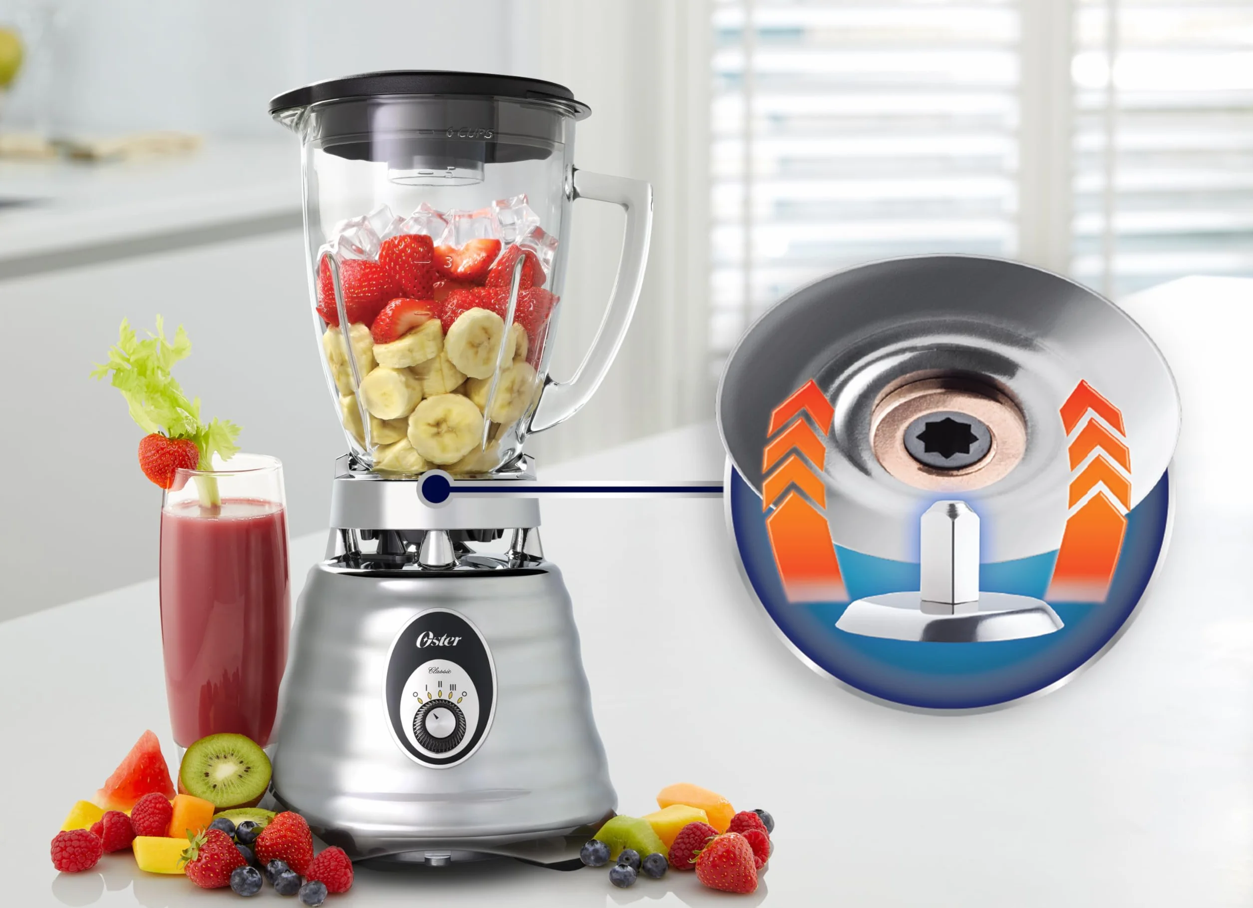Oster Klasyczny blender z 3 prędkościami zdejmowane ostrza ze stali nierdzewnej trwała szklana miska odporna na zarysowania i zapachy 1,25 l 600 W Szara