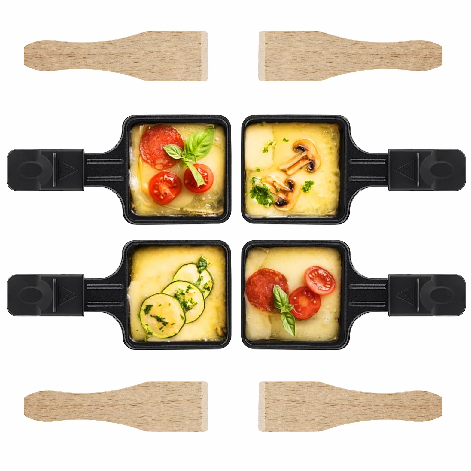 Zestaw 4 patelni raclette, zamienników patelni do raclette grill, z powłoką nieprzywierającą i 4 drewnianymi szpatułkami do grillowania serów, jaj
