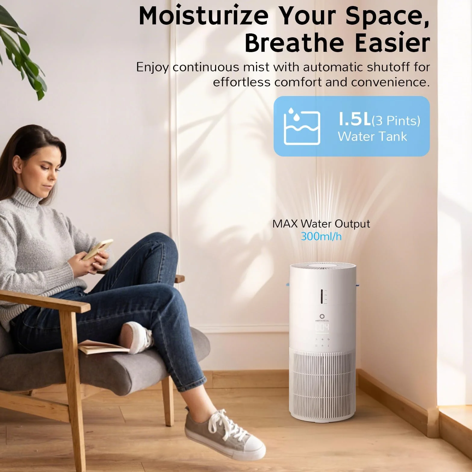 Airthereal Oczyszczacz i nawilżacz powietrza 2 w 1 do 125 m², 3-stopniowy filtr, monitor jakości powietrza, tryb cichego snu, nawilżacz z automatycznym monitorem wilgotności, AEH300