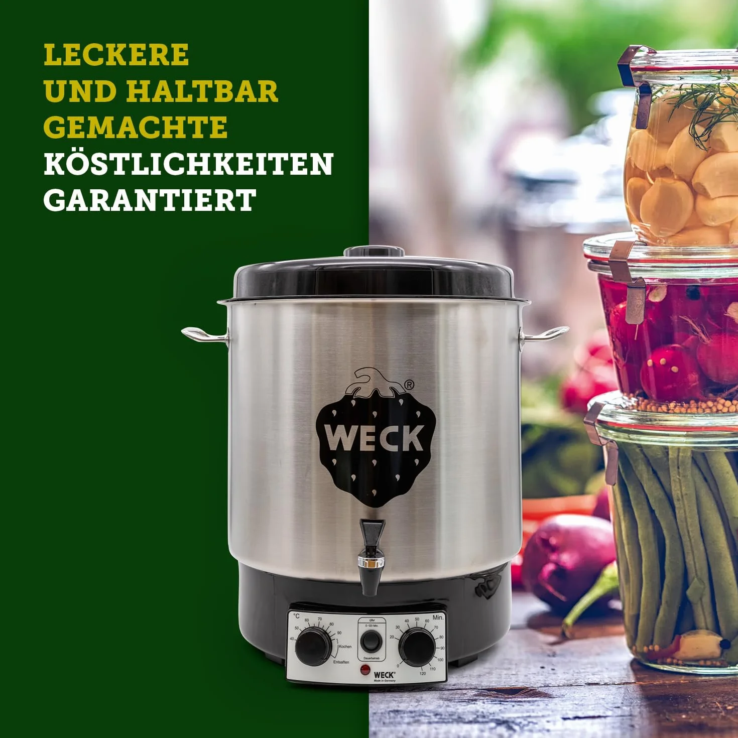 WECK WAT25-A automat do gotowania ze stali nierdzewnej z precyzyjnym termostatem, kranem spustowym i programatorem czasowym – garnek do gotowania 30 l, do grzanego wina, sokowirówka parowa, automat do
