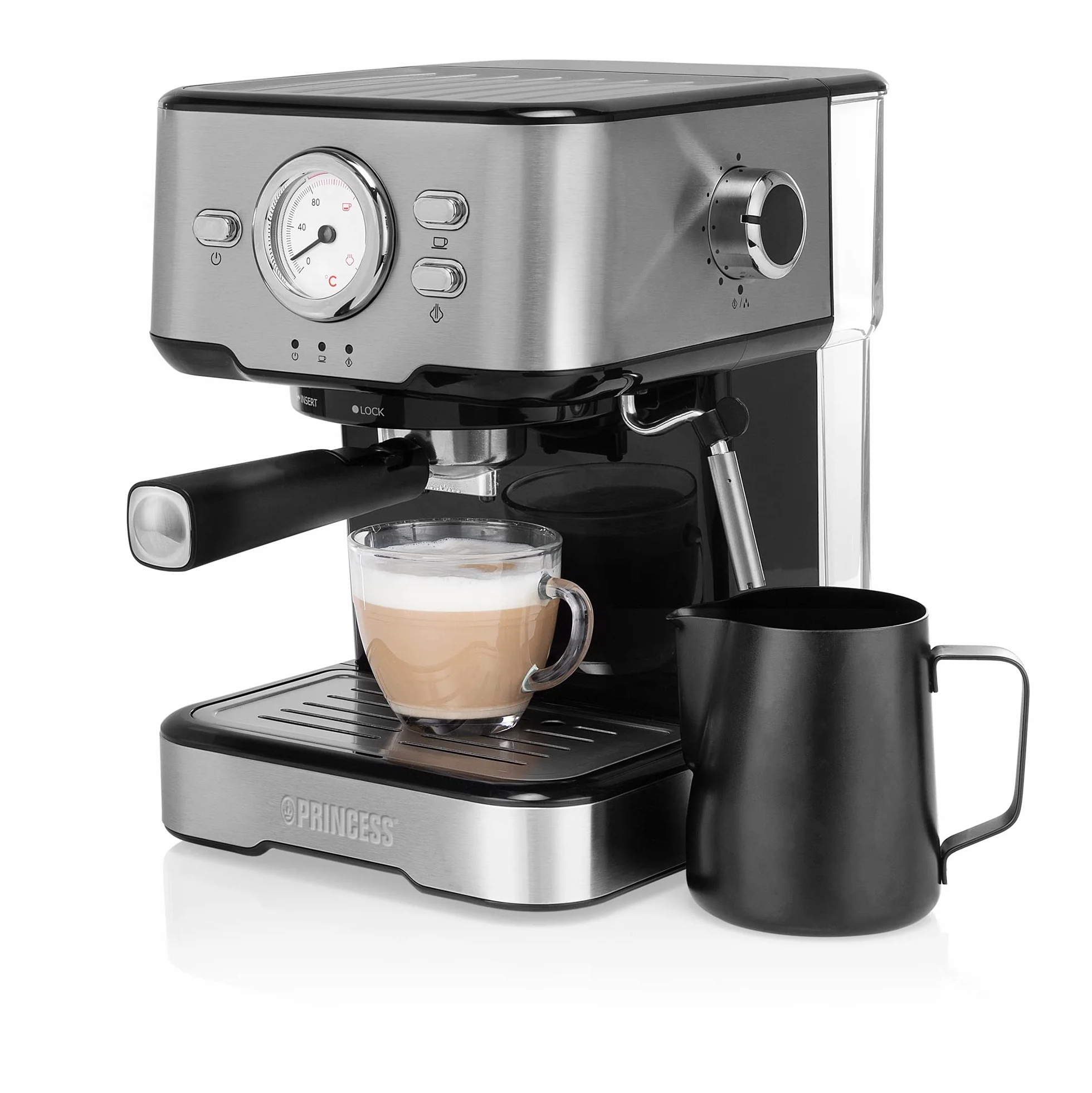 Princess 249412 ekspres do espresso i kapsułek, wykonany ze stali nierdzewnej, również w wariantach spienionego mleka, takich jak cappuccino, latte i espresso macchiato, 20 barów, srebrny