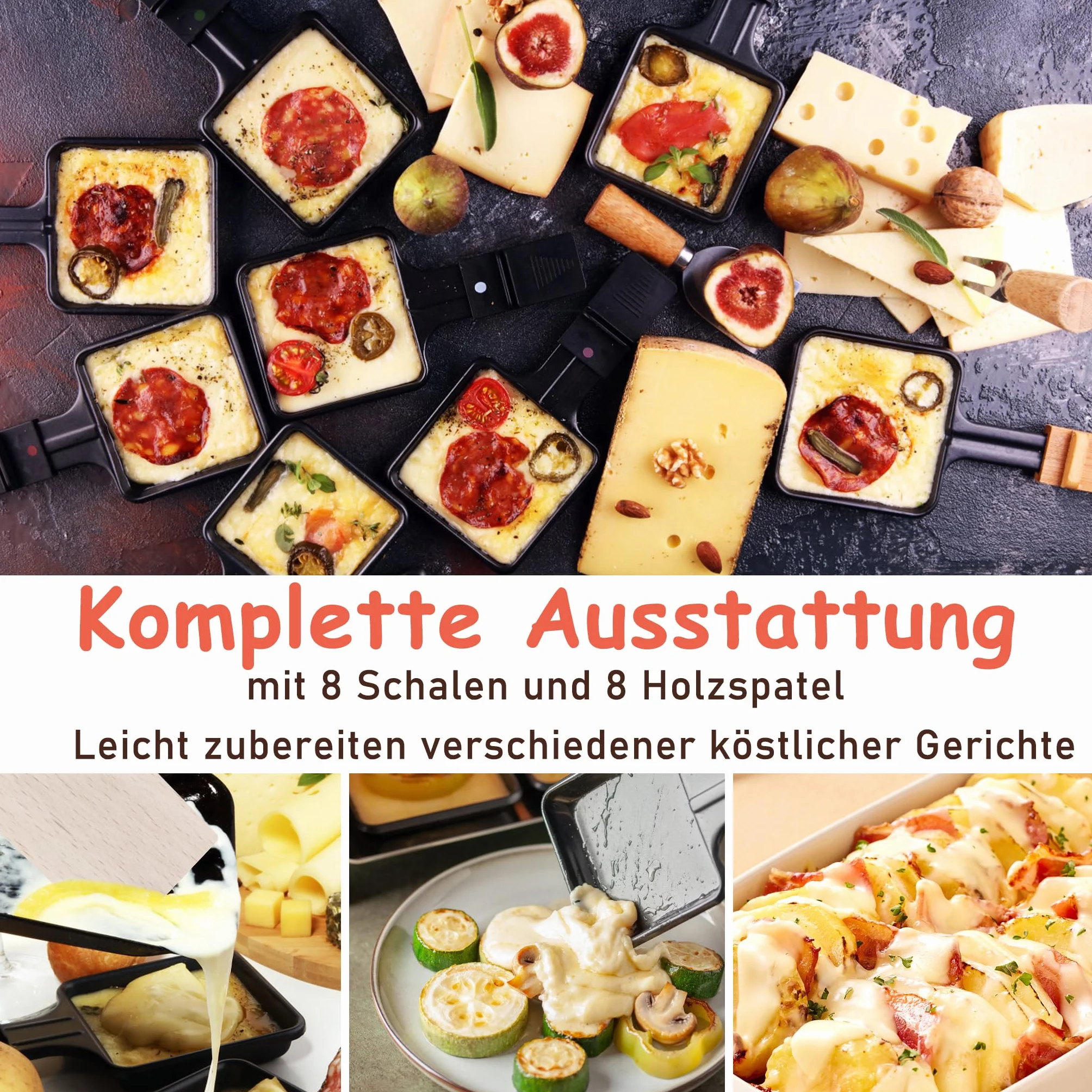 YRHome Grill Raclette 1500 W dla 8 Osób z Płytą Kamienną i Grillową, 8 Patelni, Bezstopniowa Regulacja Temperatury