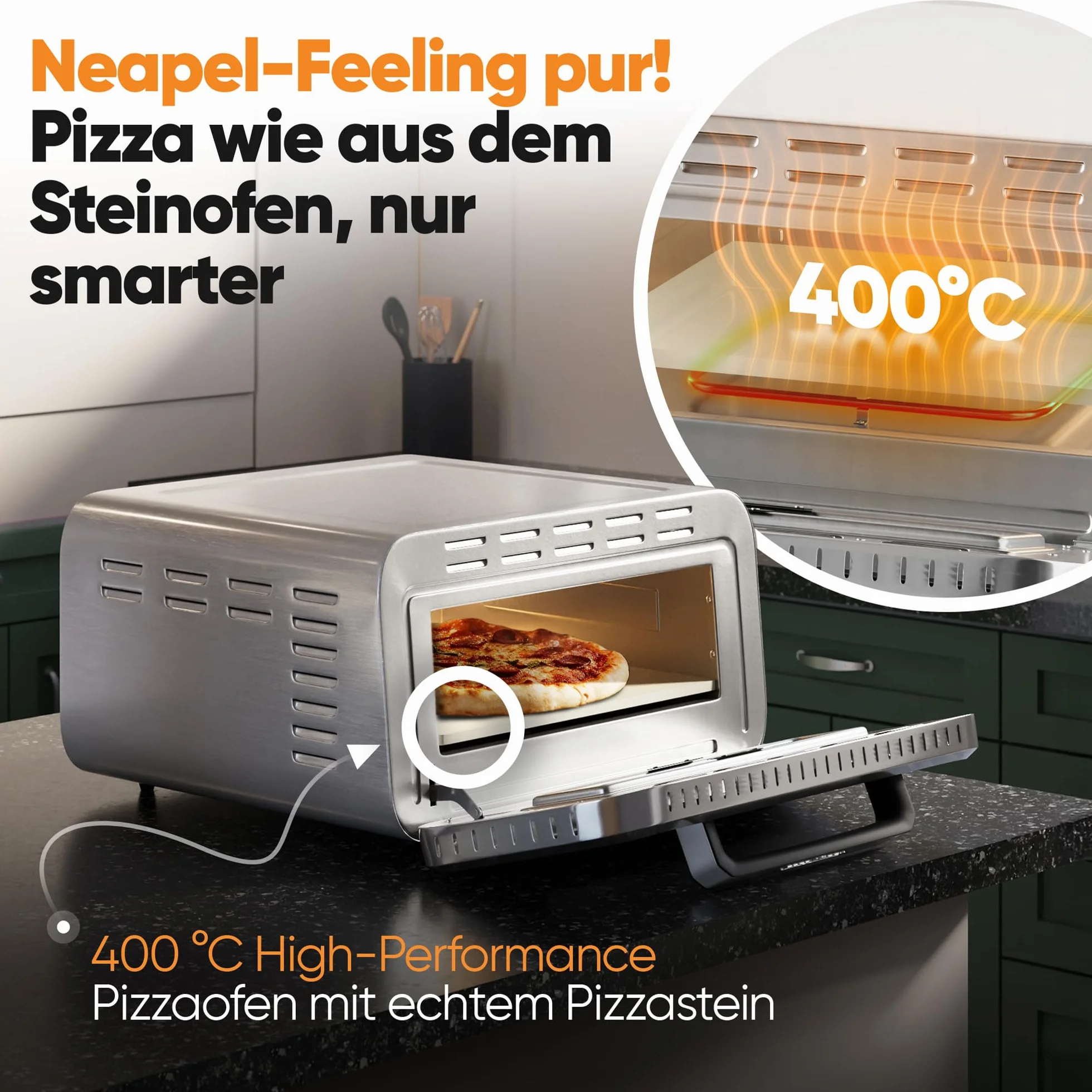 ProfiCook elektryczny piec do pizzy | 400°C | prawdziwy kamień do pizzy | w zestawie łopatka do pizzy | zmienny czas i regulacja temperatury | piec do pizzy | do pizzy w czasie poniżej 5 min. | PC PO