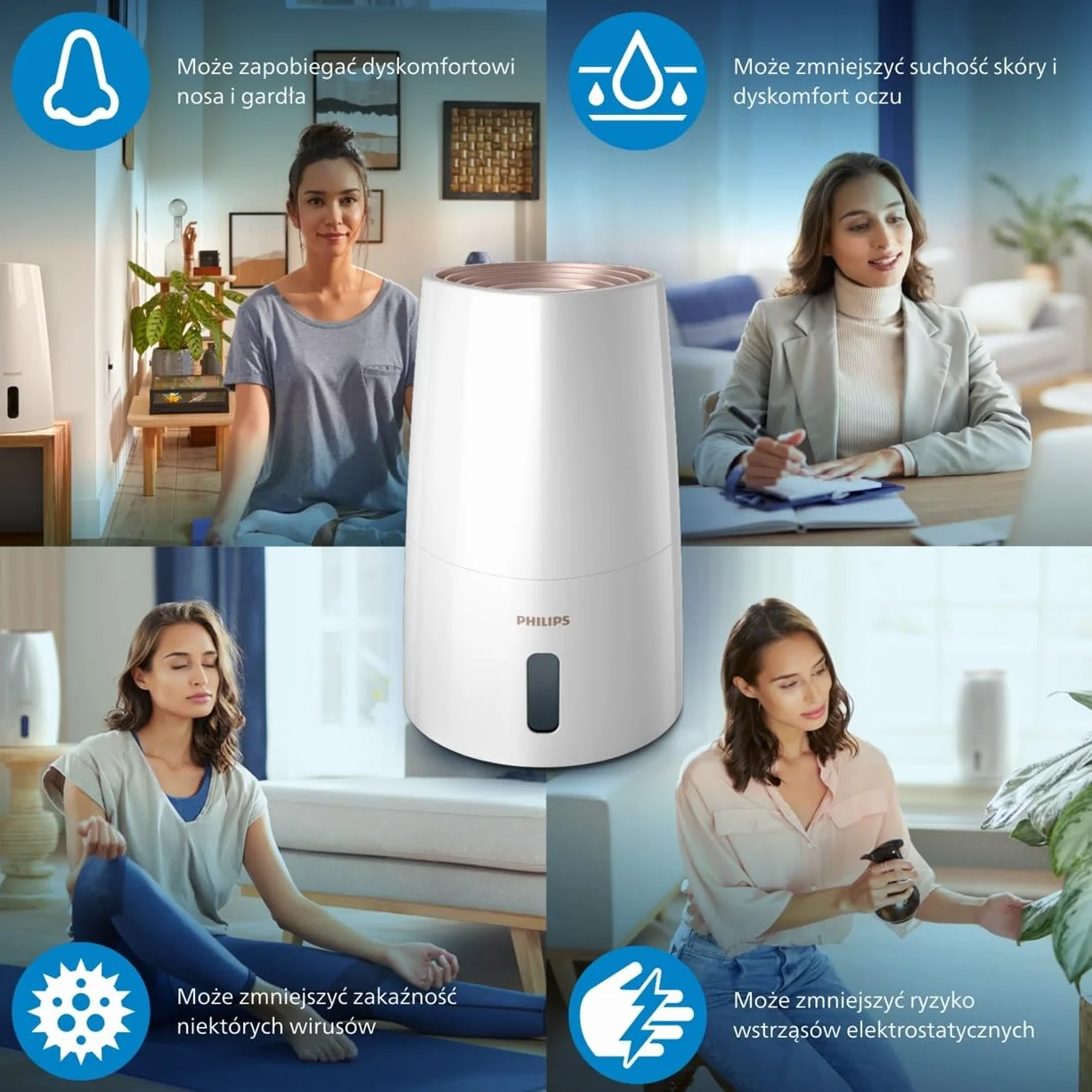 Philips Nawilżacz Ewaporacyjny Serii 3000 45 m² NanoCloud 300 ml/h 33 dB 3L biały HU3916/10