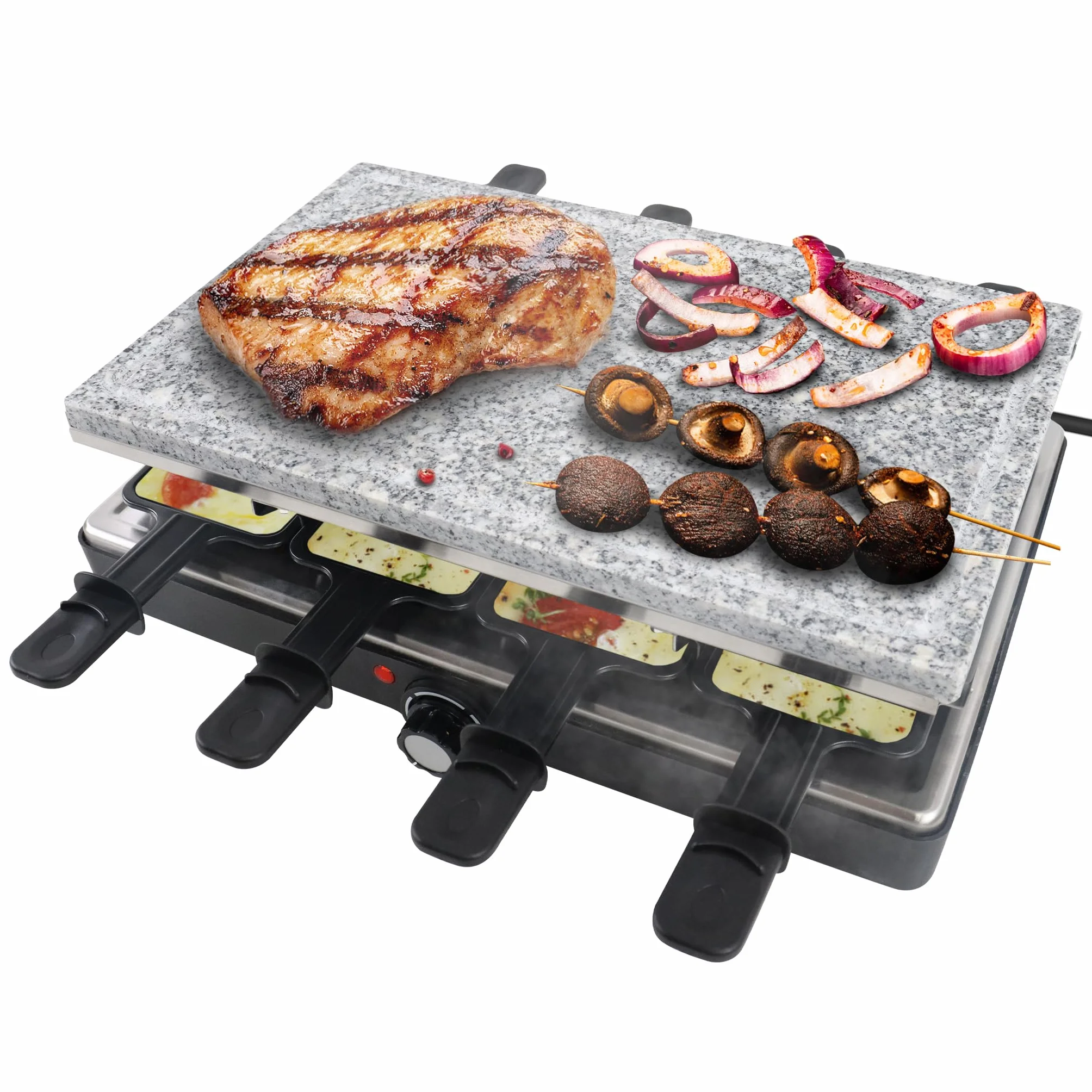 YRHome Grill Raclette 1500 W dla 8 Osób z Płytą Kamienną i Grillową, 8 Patelni, Bezstopniowa Regulacja Temperatury