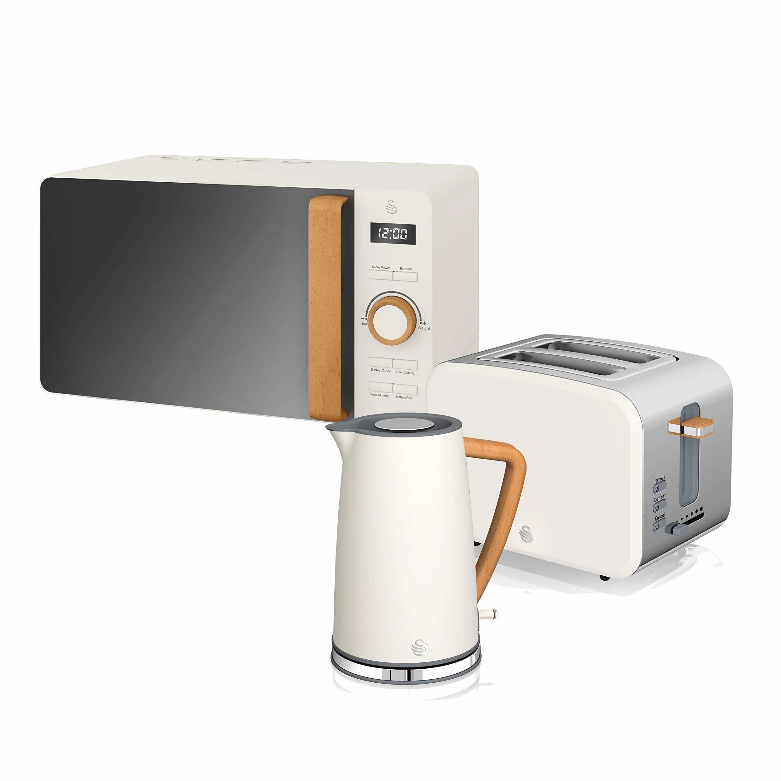 Swan Nordic zestaw śniadaniowy czajnik elektryczny 1,7 l, 2200 W, toster do chleba z szerokim otworem, 2 kromki, kuchenka mikrofalowa 20 l, cyfrowy, nowoczesny design, efekt drewna, biały