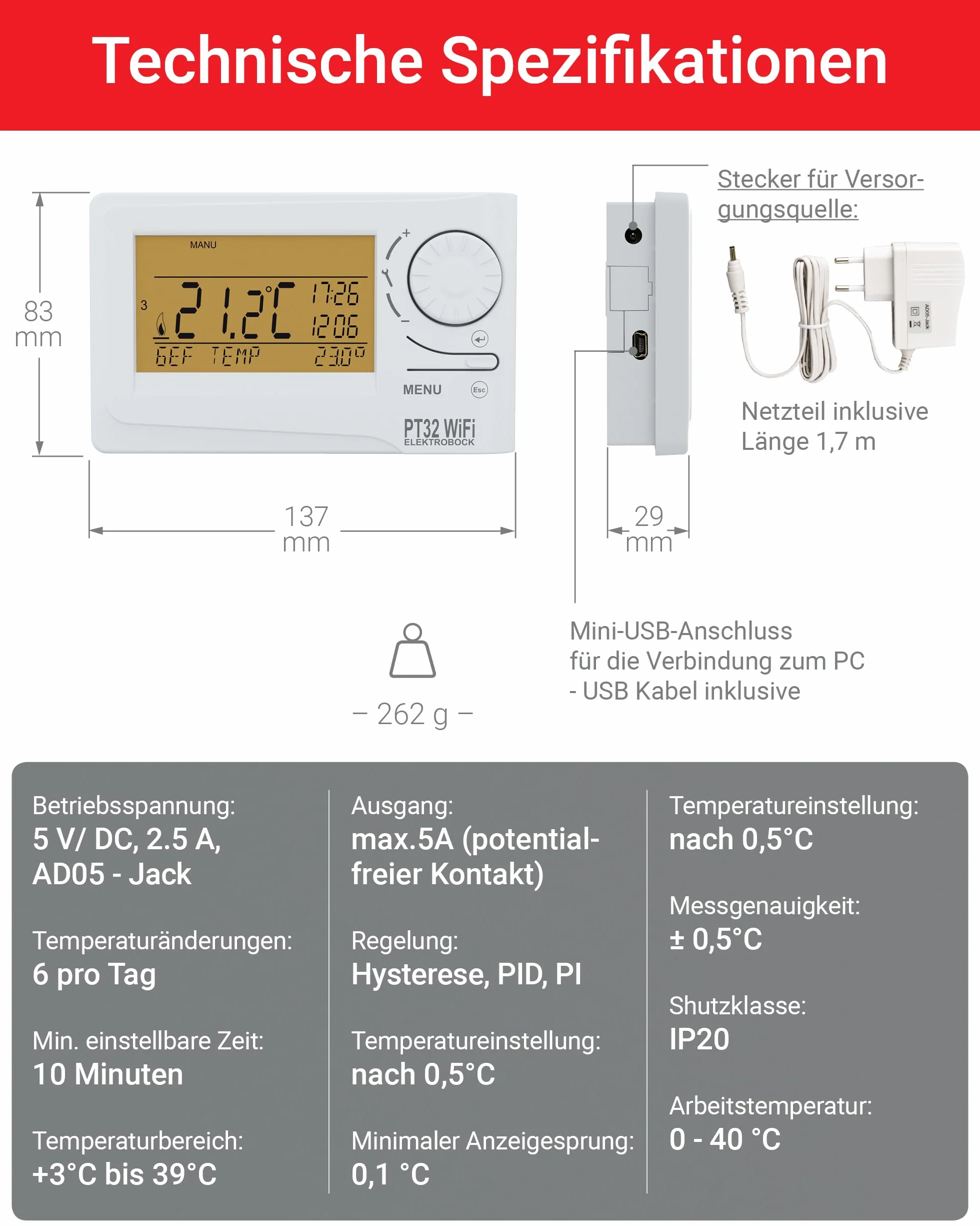 Elektrobock Termostat pokojowy z modułem WiFi, biały, normalny, PT32 WiFi