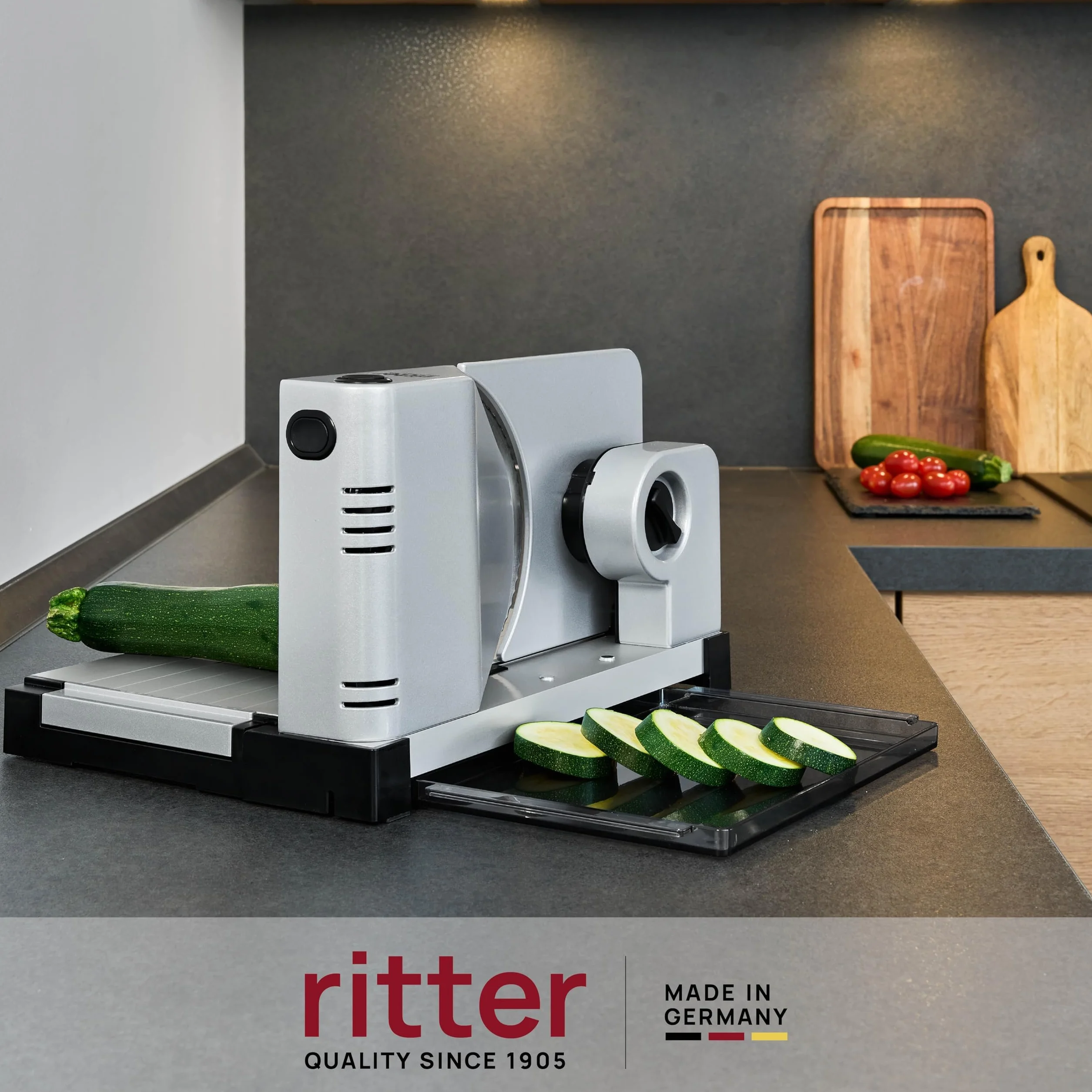 ritter icaro 7 składana elektryczna krajalnica do chleba, wędlin i sera, całość z metalu, z silnikiem ECO, Made in Germany