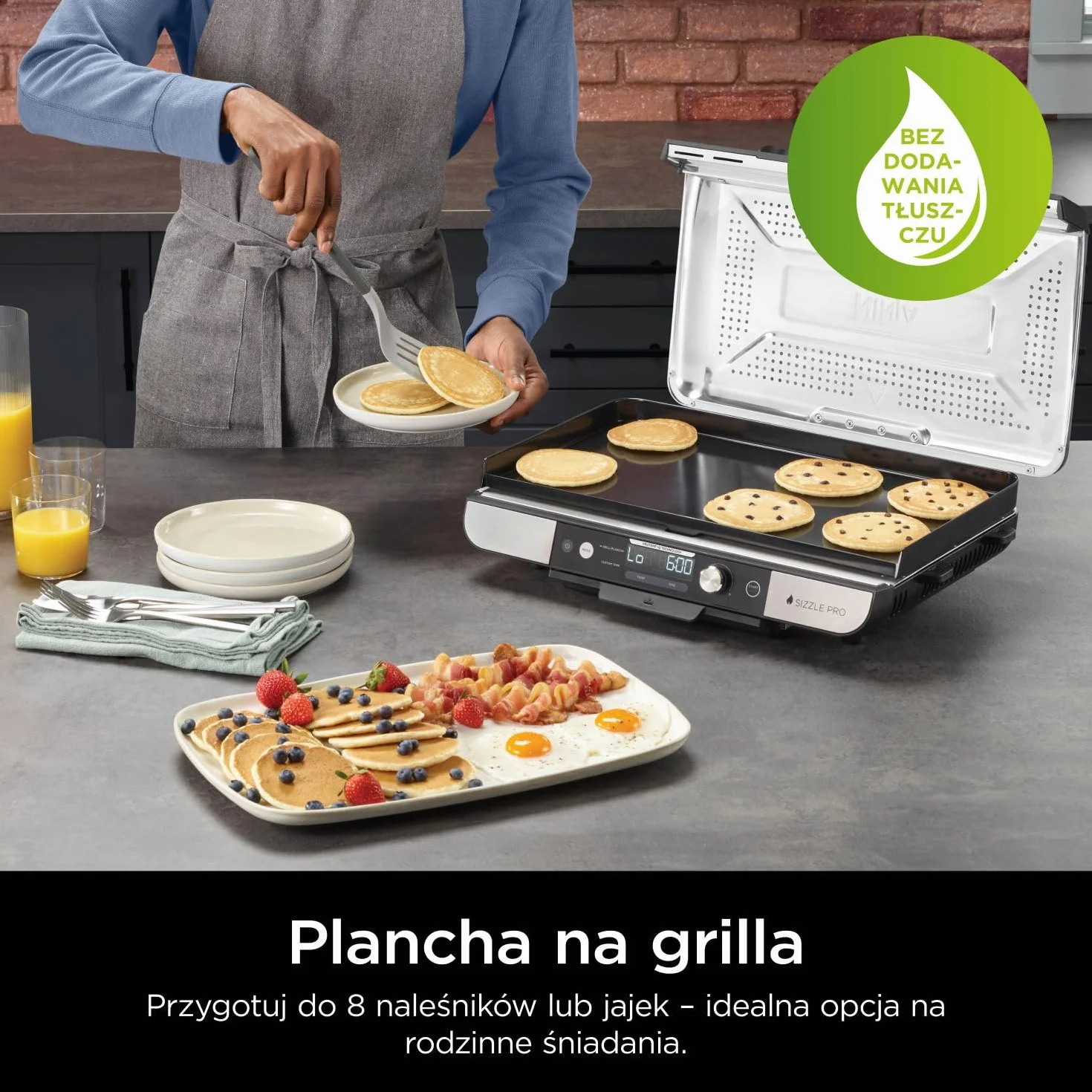 Ninja Sizzle Pro XL Grill z płytą płaską ma płytę grillową z nieprzywierającą powłoką ceramiczną i płaską płytę górną, zdejmowaną pokrywę, tackę na tłuszcz i książkę kucharską, srebrny/czarny GX101EU
