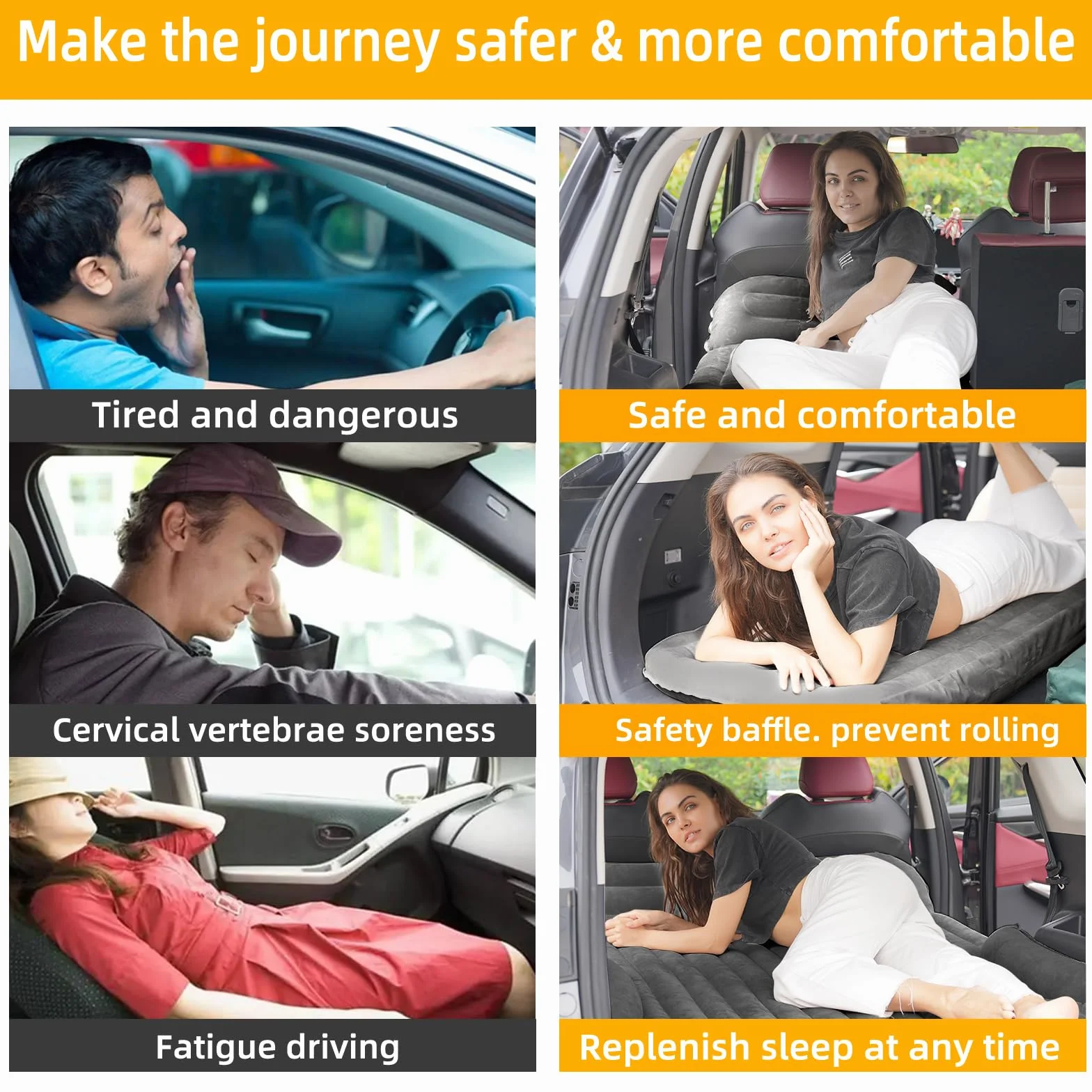 KMZ Materac dmuchany, pogrubiony i dwustronny, flokowany, do SUV, materac kempingowy z 2 nadmuchiwanymi poduszkami, kolor ciemnoszary