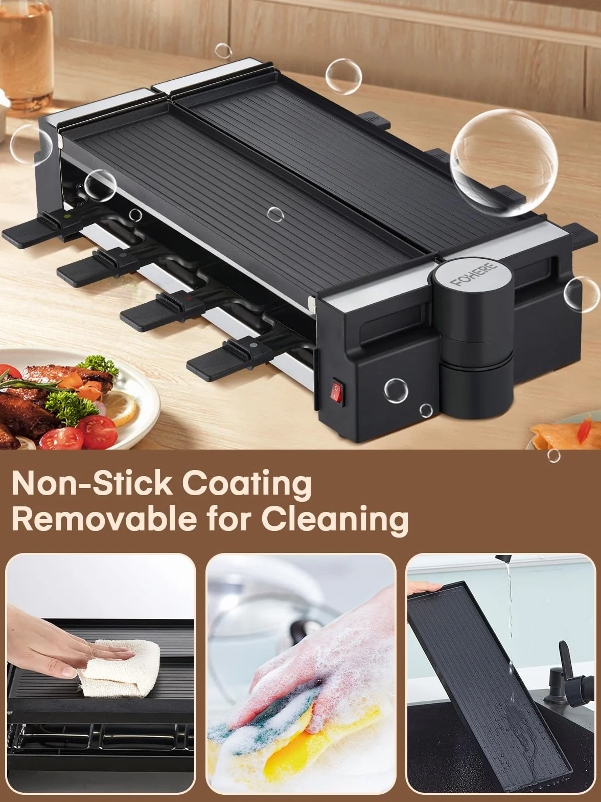 FOHERE Grill Raclette 1400 W dla 8 Osób, Nieprzywierająca Płyta, Matowa Stal Nierdzewna