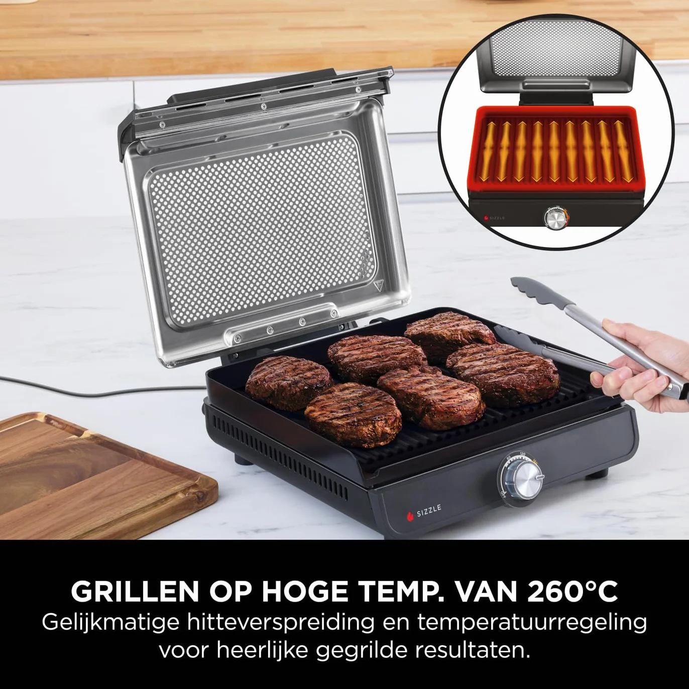 Ninja Sizzle GR101EU Elektryczny Grill Wewnętrzny i Patelnia z Wymiennymi Płytami Nieprzywierającymi, Taca na Tłuszcz, Kontrola Temperatury, Szary