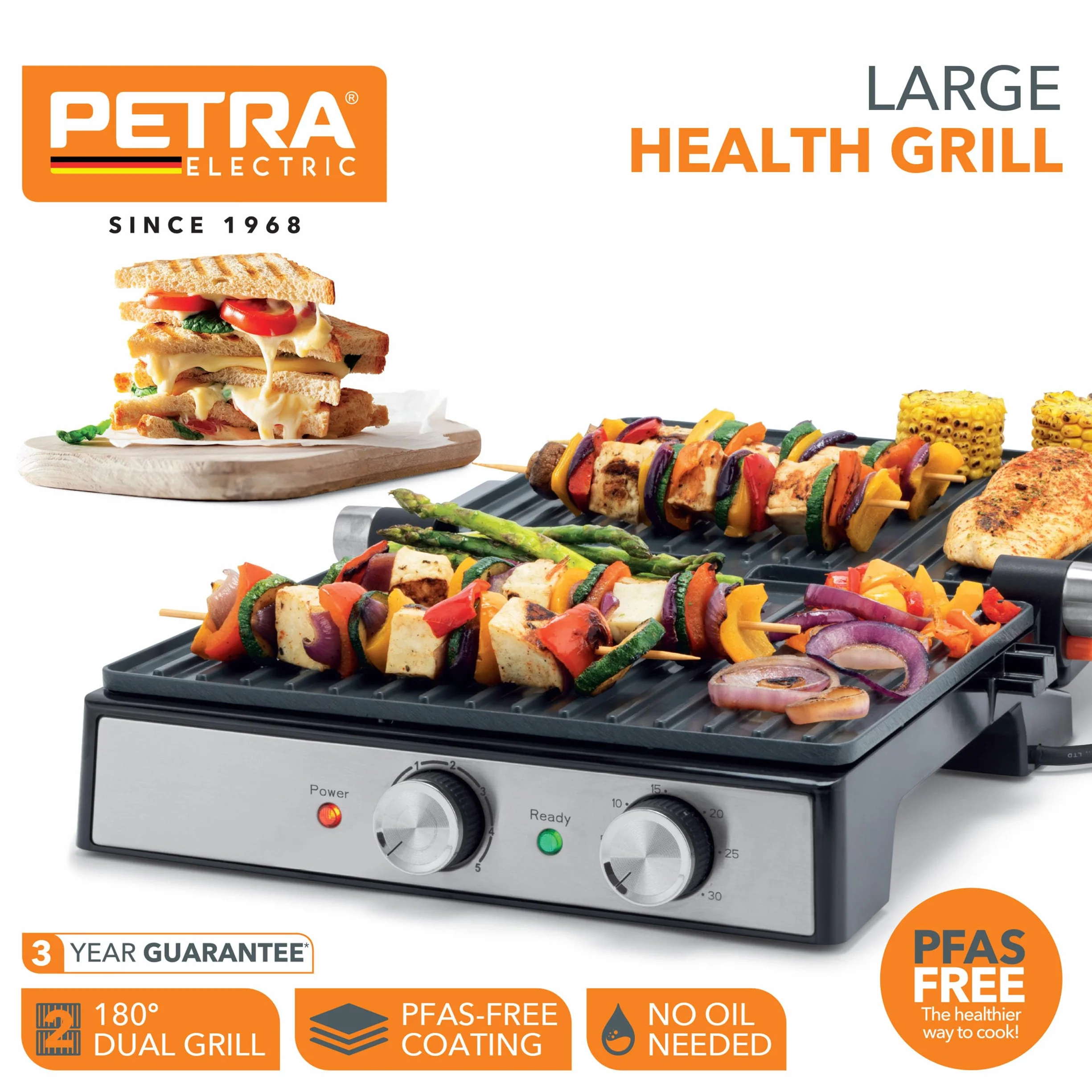 Petra PT6234VDE Elektryczny Grill – Duze Plyty Gillingowe, Otwiera sie do 180° na podwójna powierzchnie gotowania, Ceramiczna powloka nieprzywierajaca bez PFAS, Regulowana temperatura i timer, 2000 W