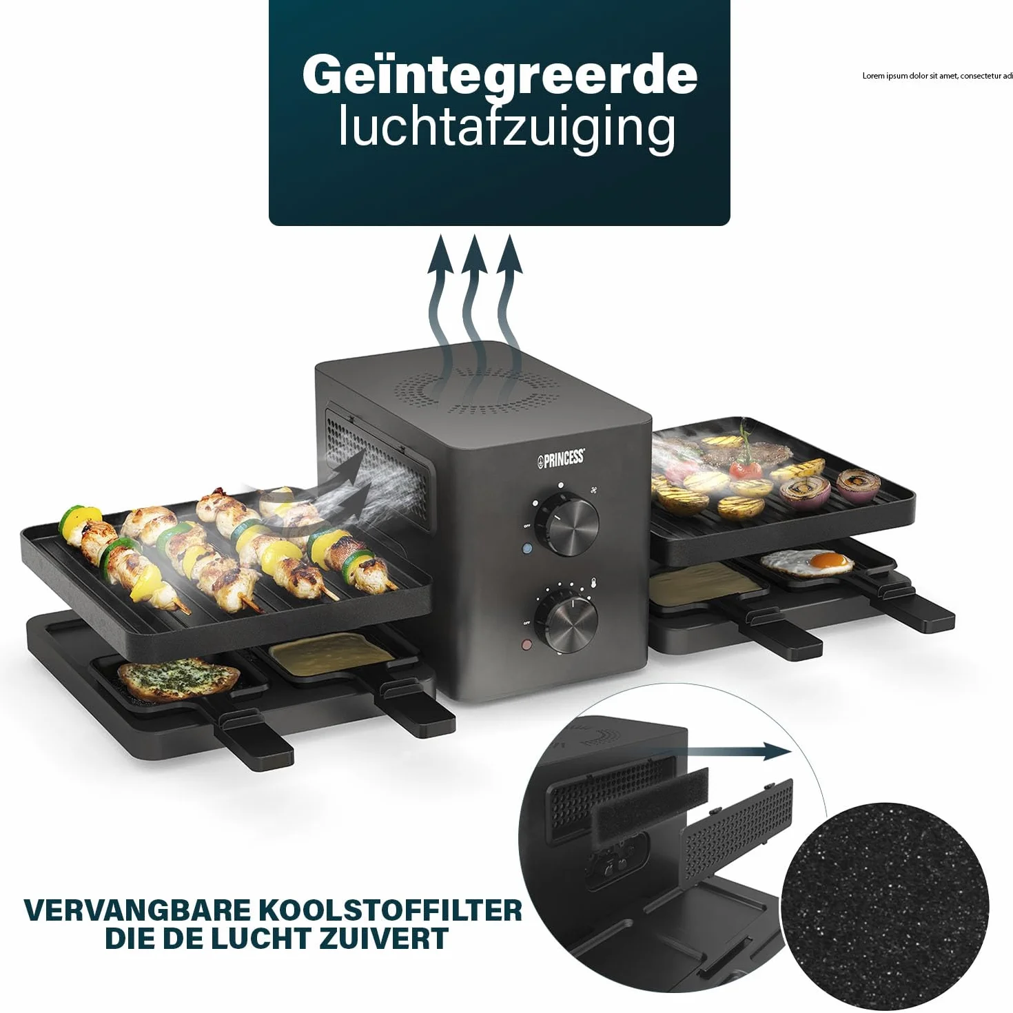 Princess Raclette Purify 8-osobowy zintegrowany system filtrowania powietrza, regulowany termostat, powłoka nieprzywierająca, przewód 2 m