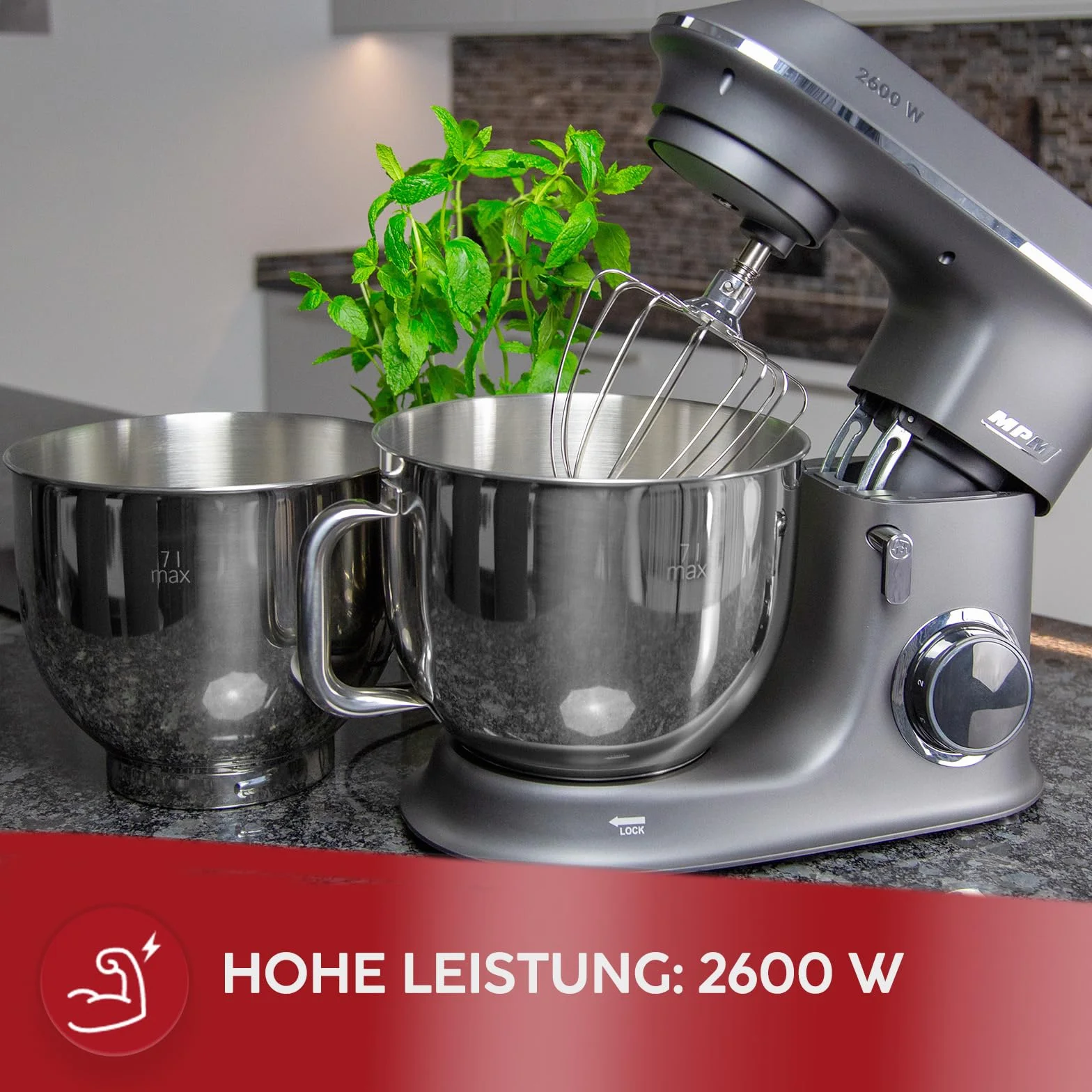 MPM Planetarny robot kuchenny z akcesoriami, mikser kuchenny z dwiema miseczkami do mieszania 7 l, robot kuchenny, 2600 W, antracyt