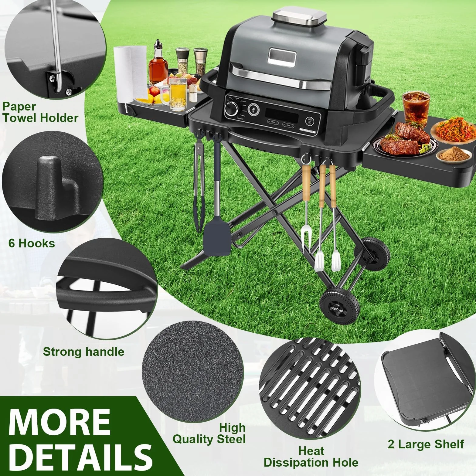 Przenośny zewnętrzny wózek stołowy do grilla Ninja Woodfire Outdoor Grill (seria OG700 OG900), 130 cm duża przestrzeń, składany stół kempingowy do grilla Blackstone Griddle/Onni Pizza, 2 kółka
