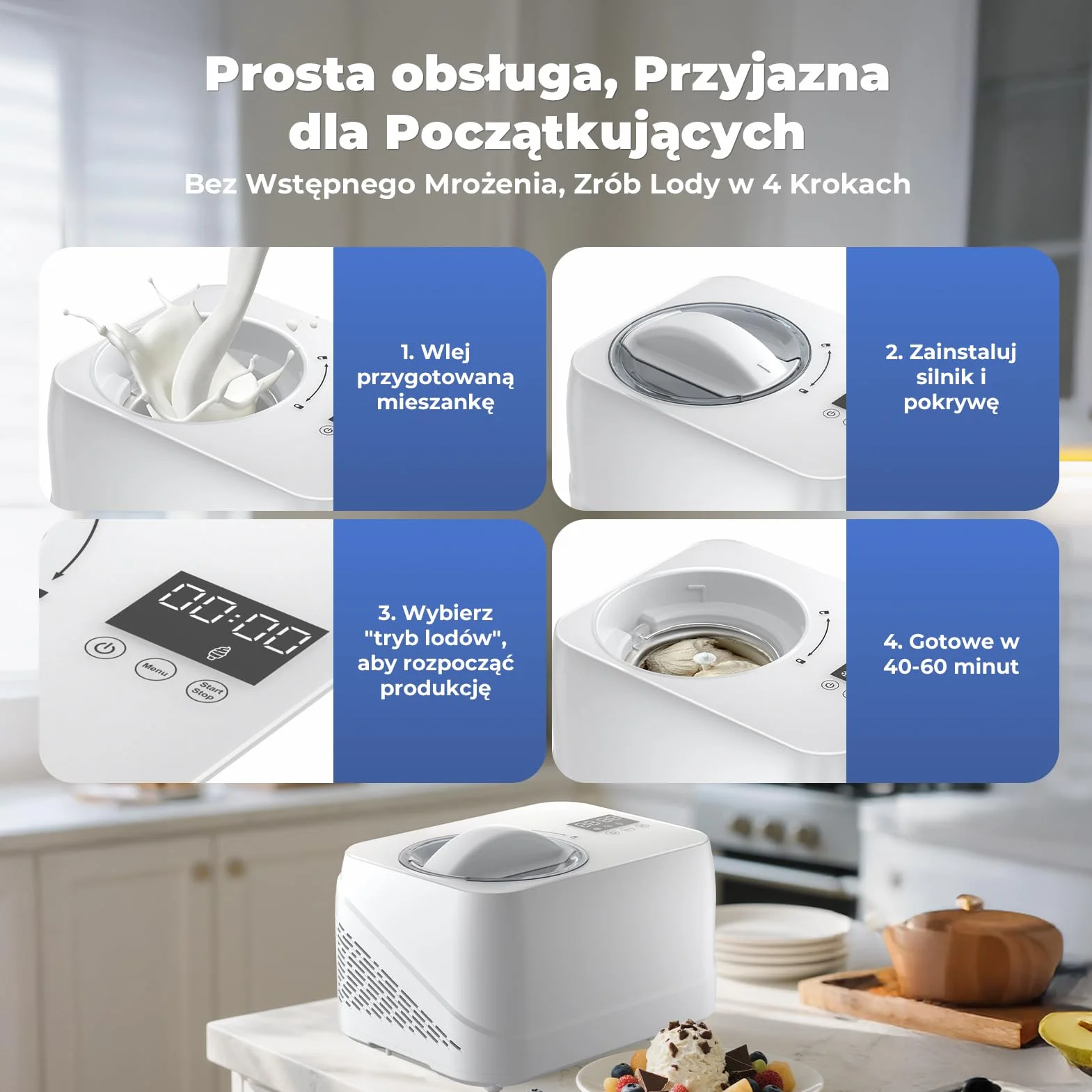 maszynka do lodów z kompresorem 1L, maszynka do lodów z samochłodzącym kompresorem z wyjmowanym pojemnikiem na lód, w zestawie łyżka/kubek z miarką z skalą