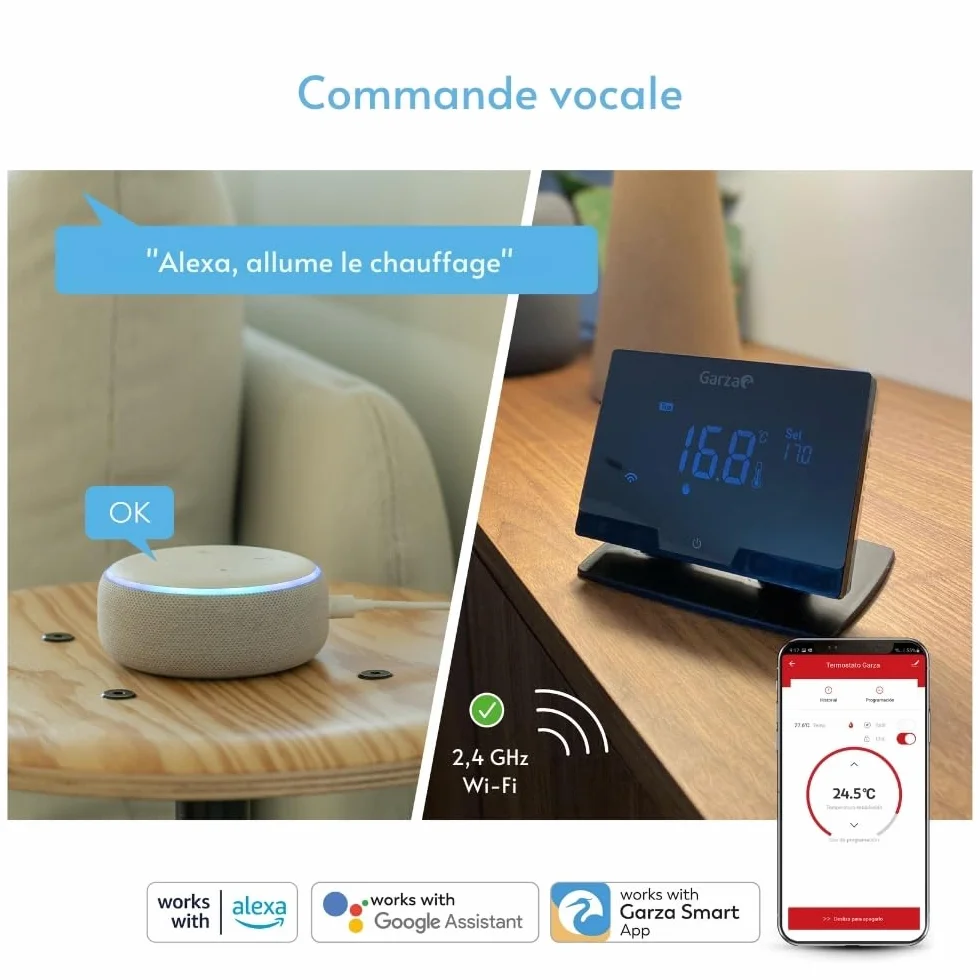 Garza Inteligentny bezprzewodowy termostat bezprzewodowy do kotła i ogrzewania, programowalny, ekran dotykowy, Wi-Fi 2,4 GHz, Alexa/Google, pilot głosowy z aplikacją, czarny