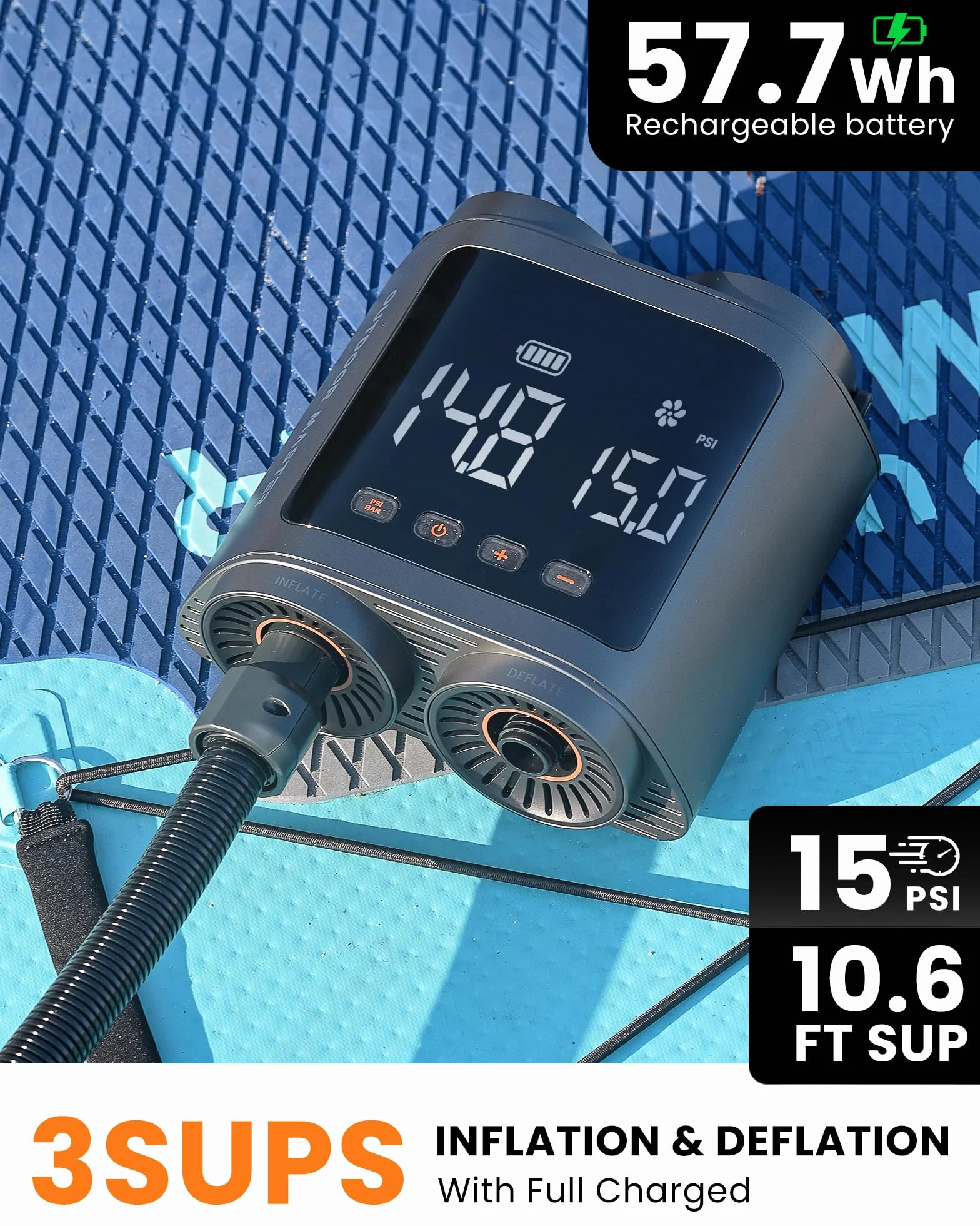 OutdoorMaster Vortex Pro 57,7 Wh przenośna pompka do padla, elektryczna pompa SUP z akumulatorem do 3 pompowania i opróżniania, maks. 20 PSI 12 V/15,8 V DC i wejścia typu C, 8 dysz