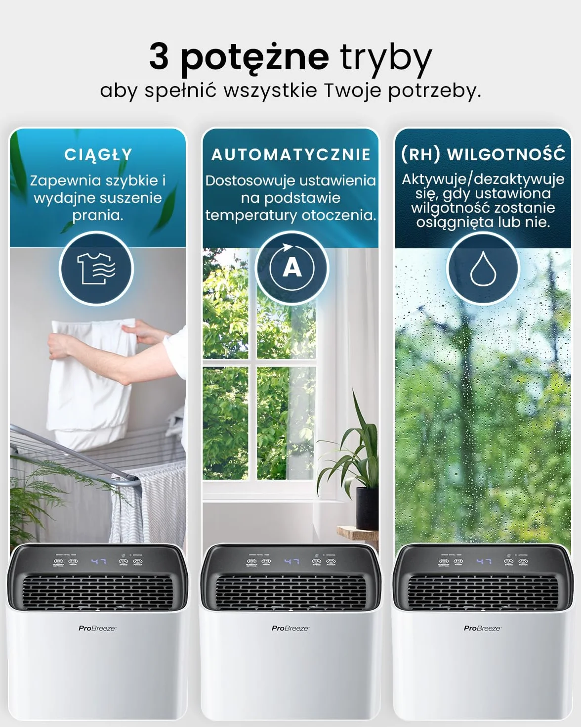 Osuszacz powietrza Pro Breeze 12 L z kompresorem, zbiornikiem 2 L, funkcją suszenia prania i automatycznym czujnikiem wilgotności, timer 24 h