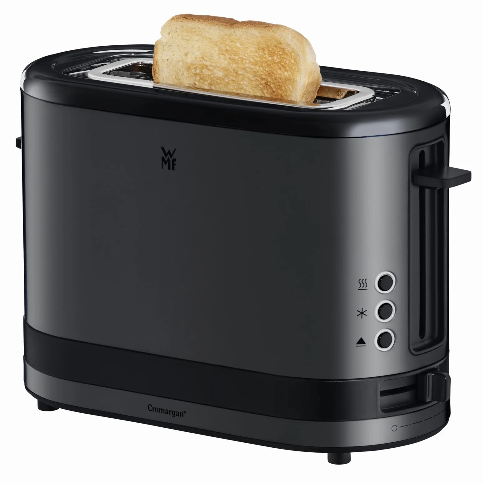 WMF Küchenminis toster 1 kromkowy z nasadką do bułek, na 1 szybę XXL, funkcja rozmrażania, toster z długim szczeliną z 7 poziomami opiekania, 600 W, stal nierdzewna, czarny matowy