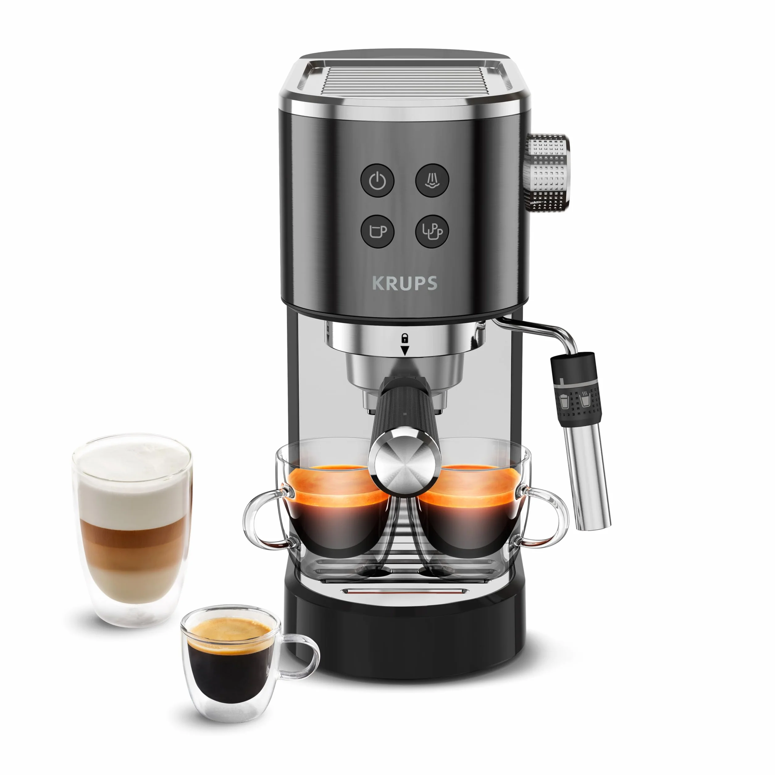 Krups XP444G Virtuoso+ ekspres do espresso | ciśnienie pompy 15 bar | 3 filtry kremowe | dysza pary ze stali nierdzewnej | intuicyjny panel sterowania | pokrętło | w zestawie łyżeczka dozująca/ubijak