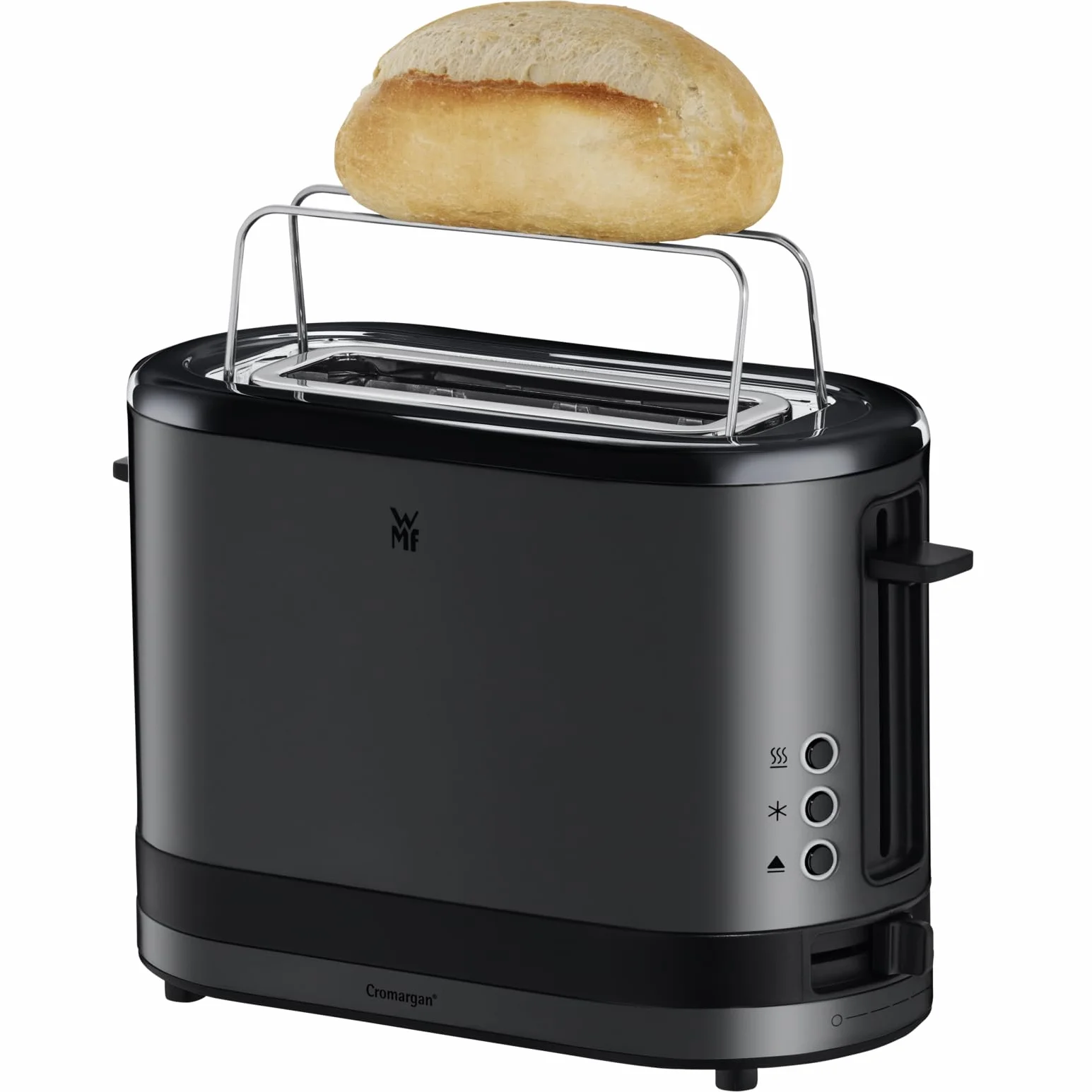 WMF Küchenminis toster 1 kromkowy z nasadką do bułek, na 1 szybę XXL, funkcja rozmrażania, toster z długim szczeliną z 7 poziomami opiekania, 600 W, stal nierdzewna, czarny matowy