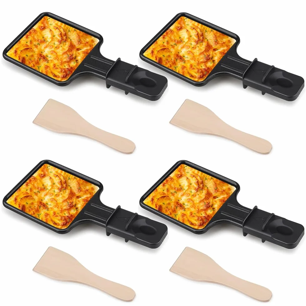 4 mini patelnie do Raclette, nieprzywierające patelnie grillowe z 4 uniwersalnymi drewnianymi łopatkami do grilla, do gotowania sera i jajek