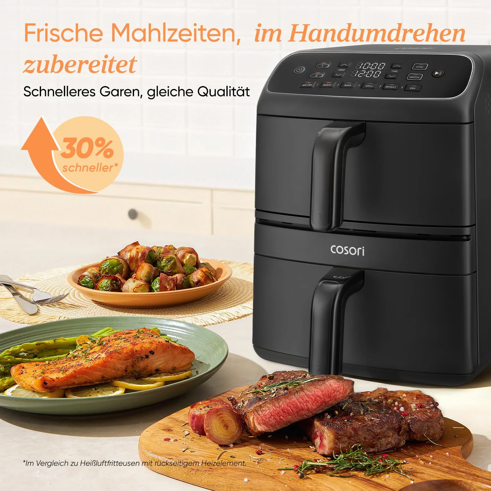 COSORI Airfryer z powłoką ceramiczną, dwukomorowa frytkownica beztłuszczowa bez PFAS, pojemność 8,6 l, konstrukcja dwupoziomowa, technologia cyrkulacji gorącego powietrza
