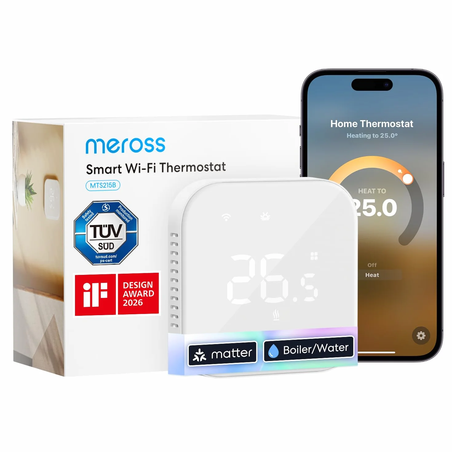 Meross Matowy termostat, bojler, ogrzewanie podłogowe, Wi-Fi, termostat pokojowy, ogrzewanie i chłodzenie, inteligentny termostat ścienny do sterowania głosem Alexa i Google, zdalne sterowanie