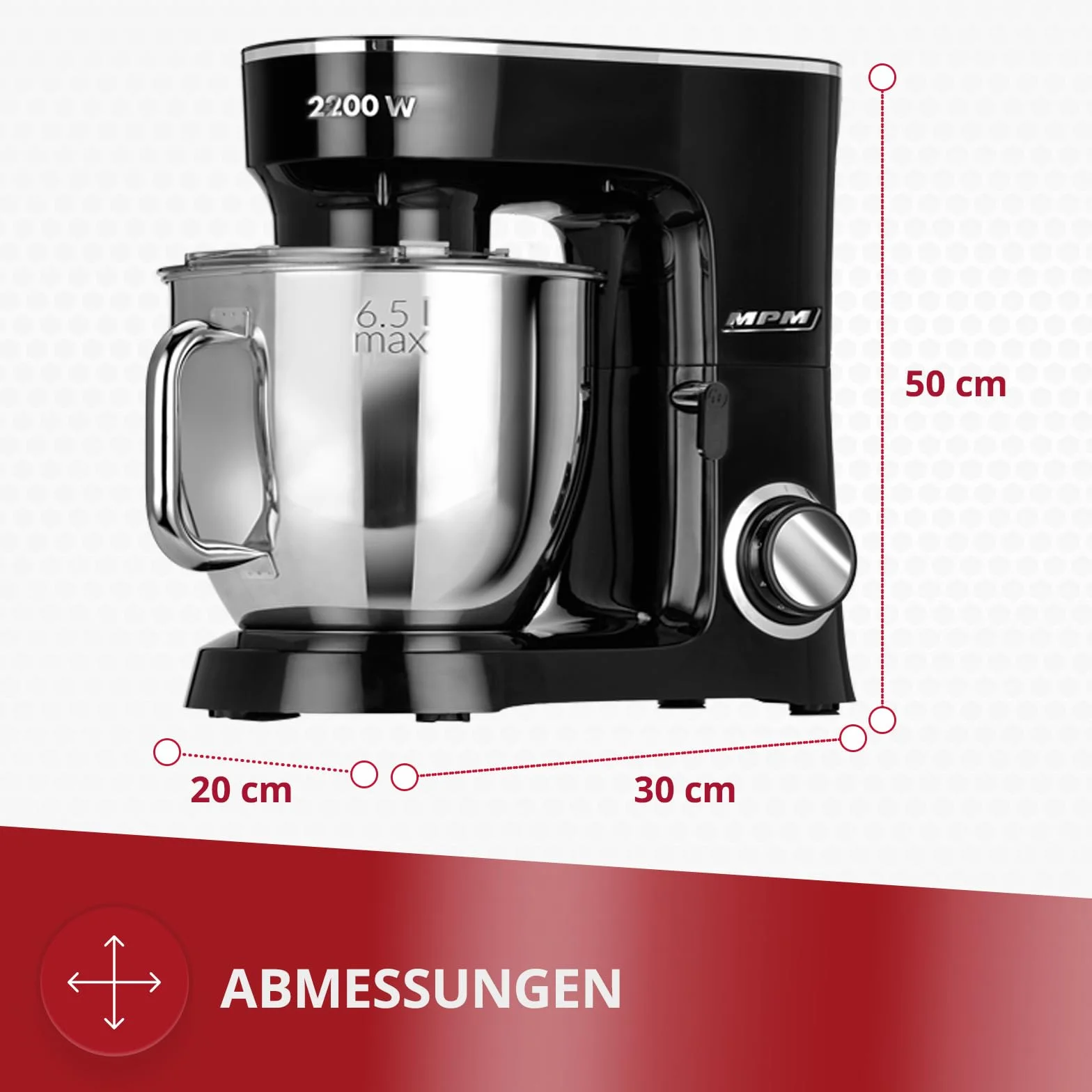 MPM MRK-19 Mikser Planetarny z Misą Mieszającą 6,5 l - Urządzenie Kuchenne do Ugniatania 2200 W - 6-stopniowa Regulacja Prędkości + Funkcja Pulse - Czarny