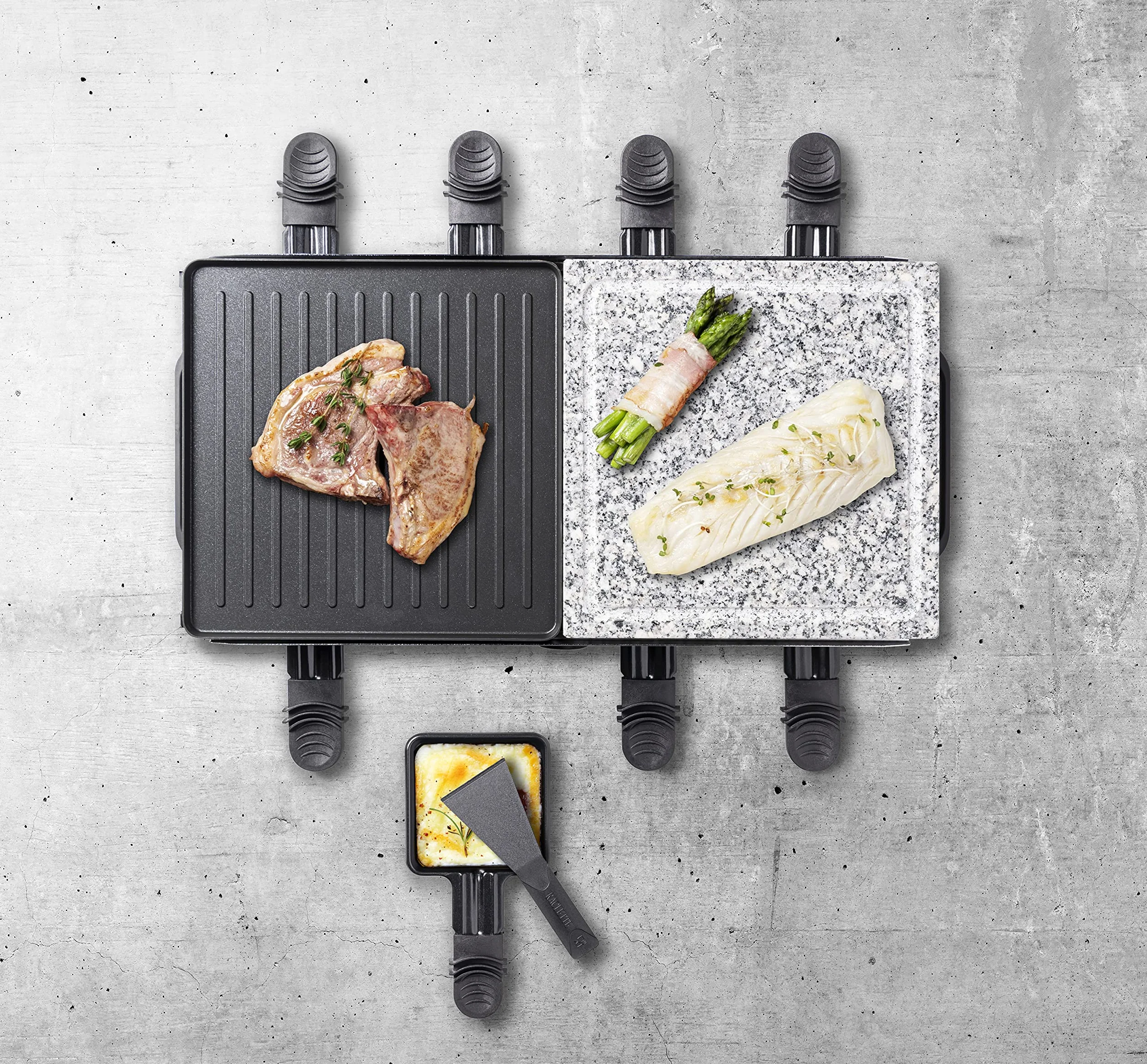 Bestron Grill imprezowy 2 w 1 elektryczny raclette dla 8 osób, naturalny kamień, płyta grillowa z powłoką nieprzywierającą, 8 patelni