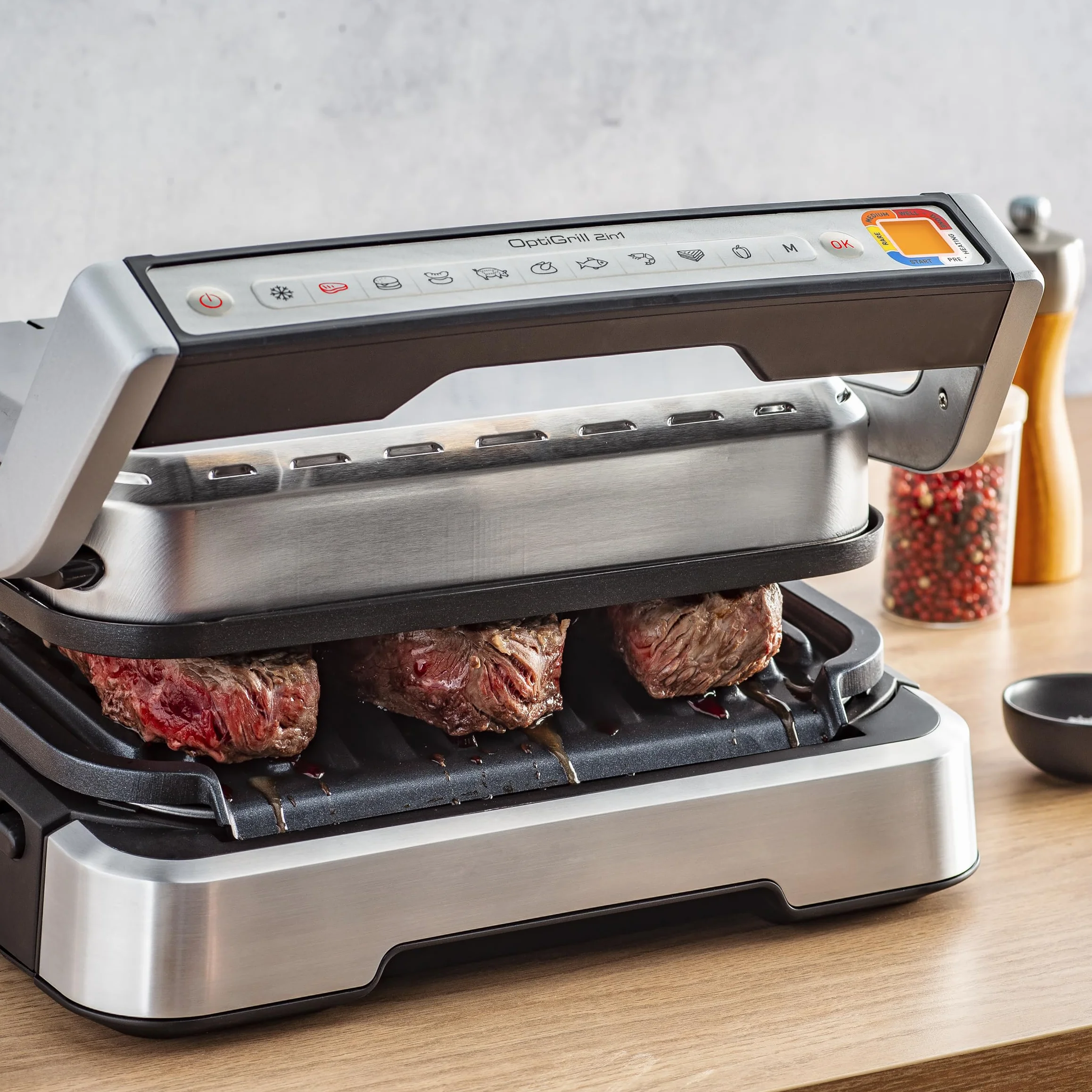 TEFAL GC773D OptiGrill 2w1 Grill Kontaktowy, Składany, Grill Stołowy, 9 Programów, Wskaźnik Poziomu Gotowania, Szczypce, Zdejmowane Płyty