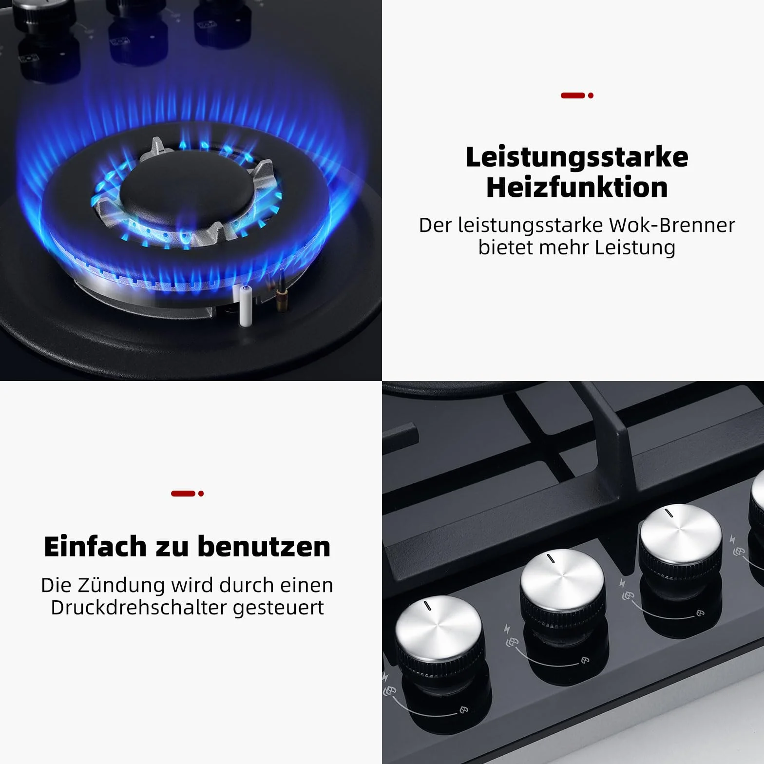 GASLAND GH2805BG1FC szklana płyta gazowa, 5-żarówkowa, płyta kuchenna do zabudowy z palnikiem wok, 76 cm, czarna płyta gazowa do zabudowy, na butan, LPG/gaz ziemny, 10400 W
