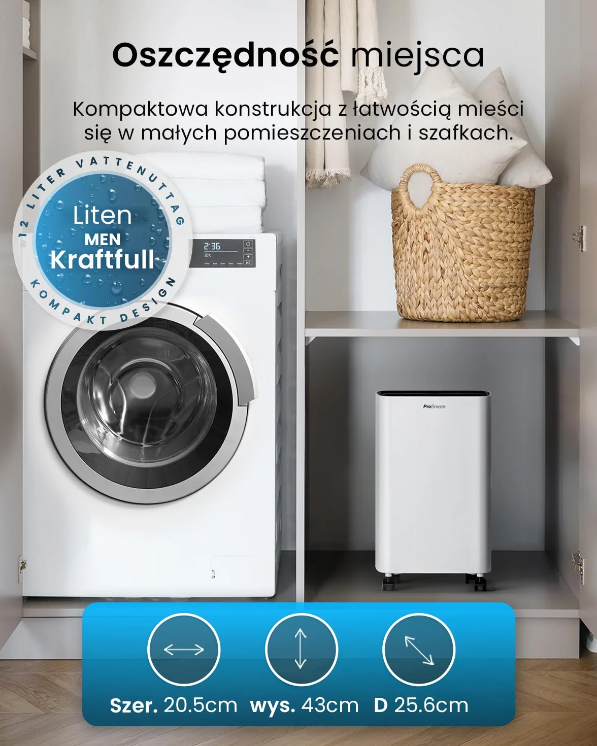 Osuszacz powietrza Pro Breeze 12 L z kompresorem, zbiornikiem 2 L, funkcją suszenia prania i automatycznym czujnikiem wilgotności, timer 24 h