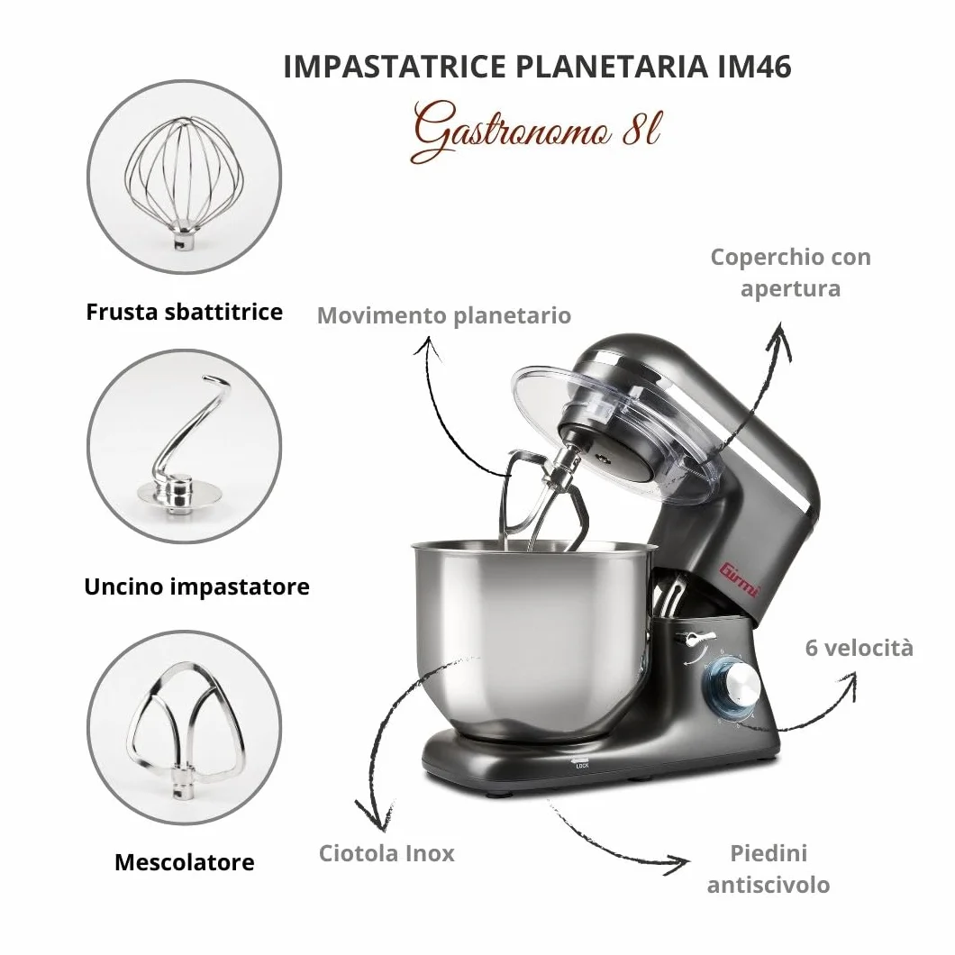 Girmi IM46 urządzenie do ugniatania Gastronomo 8 l, ciasto maks. 3 kg, moc: 1400 W (maks. 1800 W), IM4600, szara