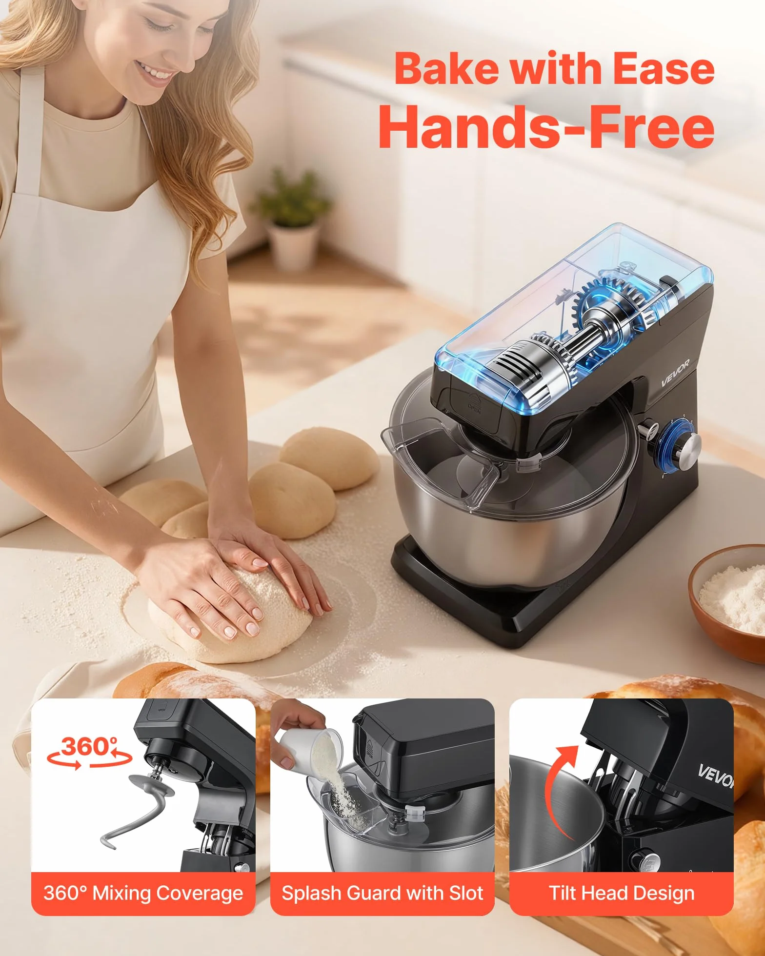 VEVOR Wielofunkcyjny robot kuchenny 1500 W, miska ze stali nierdzewnej 7,8 l, mikser do ciasta 6 prędkości