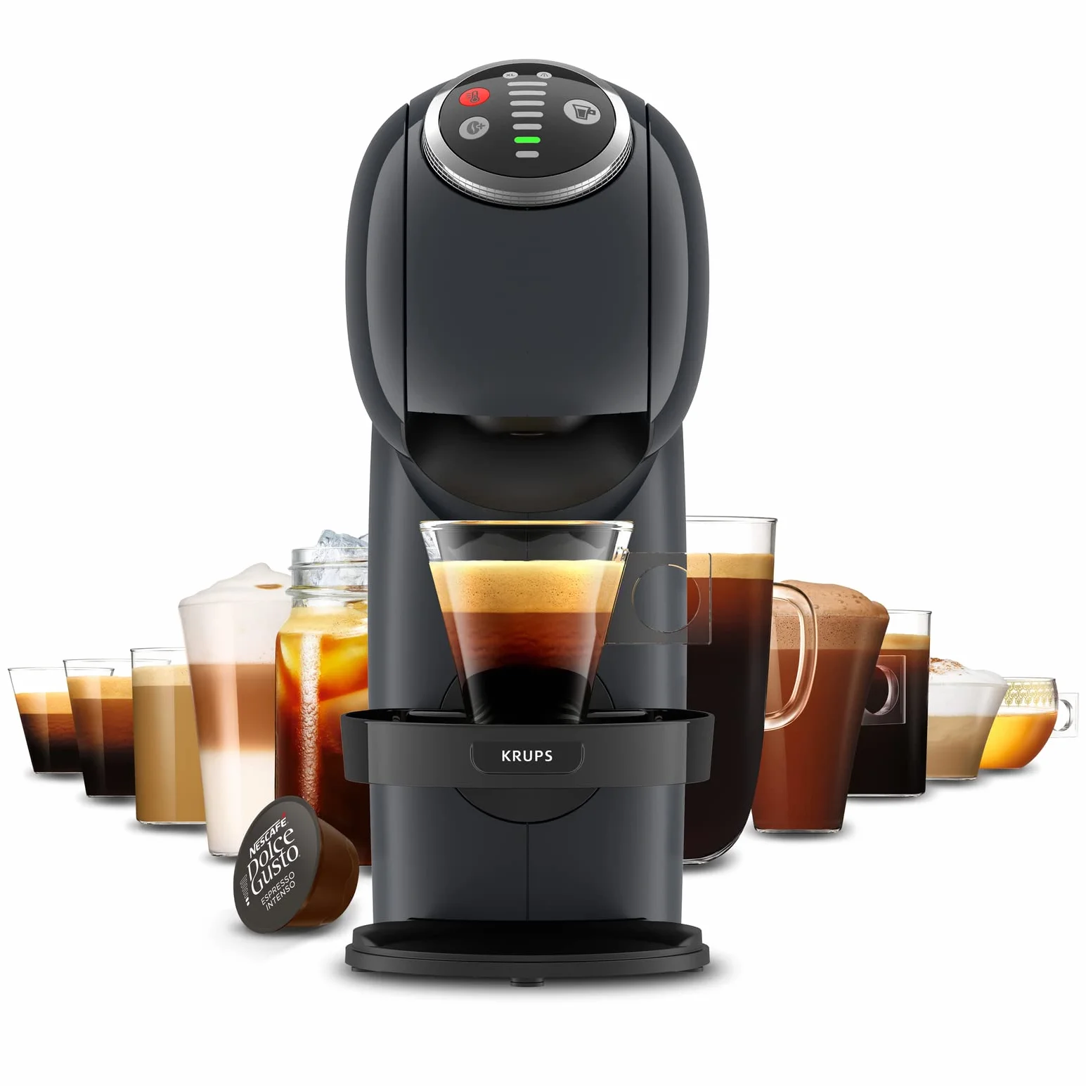Krups KP340B NESCAFÉ Dolce Gusto Genio S Plus ekspres do kapsułek, espresso Boost, wybór temperatury, gorące i zimne napoje, ciśnienie pompy z 15 bar, zbiornik na wodę o pojemności 0,8 l, 1500 W, kolor Cosmic Grey