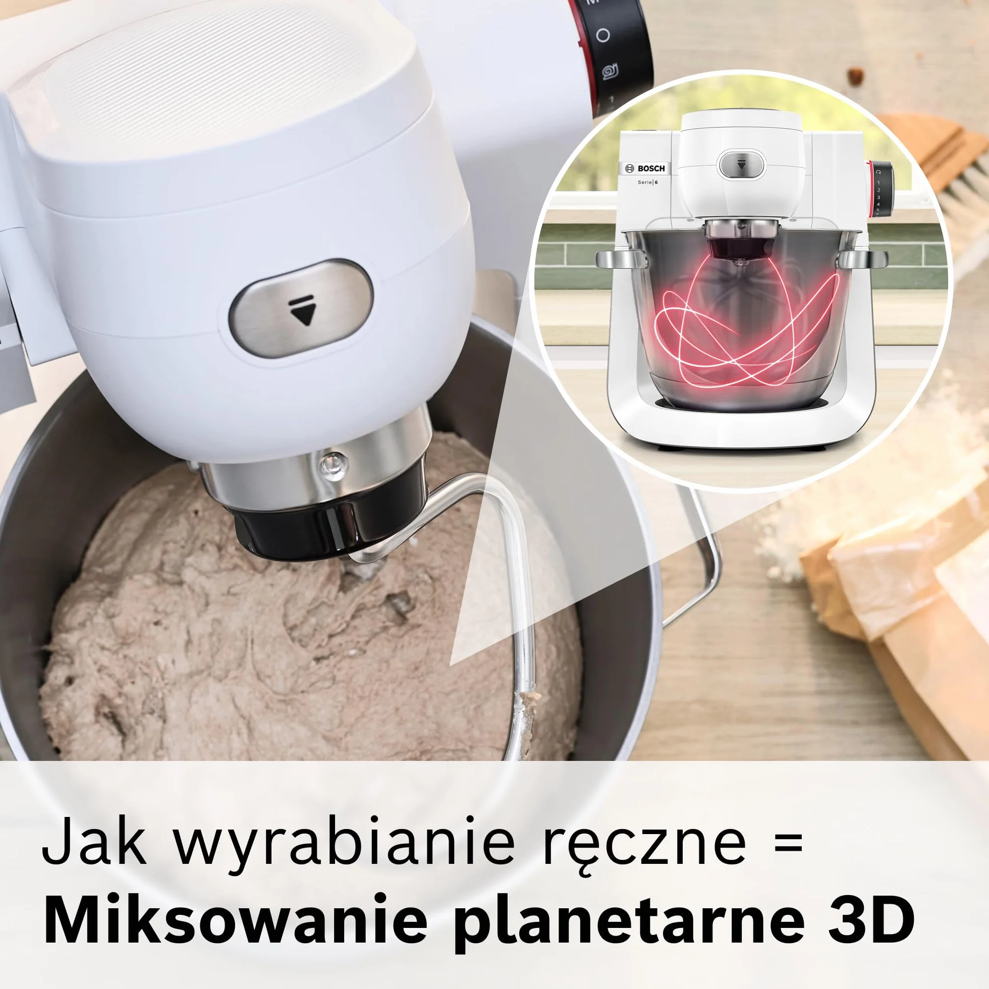 Bosch, robot kuchenny, Series 6, 1600 W, mieszanie planetarne 3D, zestaw cukierniczy, tarka wielofunkcyjna, szklany blender ThermoSafe, biało-srebrny ze stali nierdzewnej, MUMS6EW22
