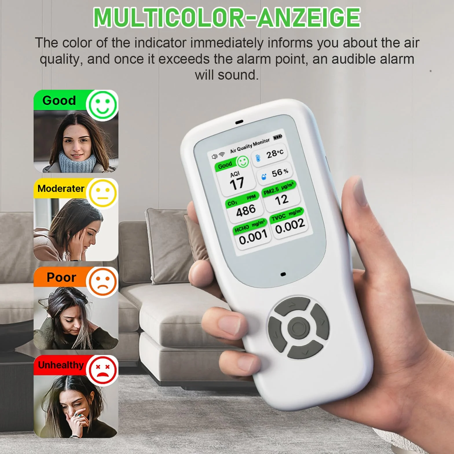 Miernik jakości powietrza 10 w 1, NDIR WiFi monitor jakości powietrza z AQI/CO2/PM1.0/PM2.5/PM10/HCHO/TVOC, temperatura i wilgotność, przenośny detektor formaldehydu z inteligentną aplikacją do domu i