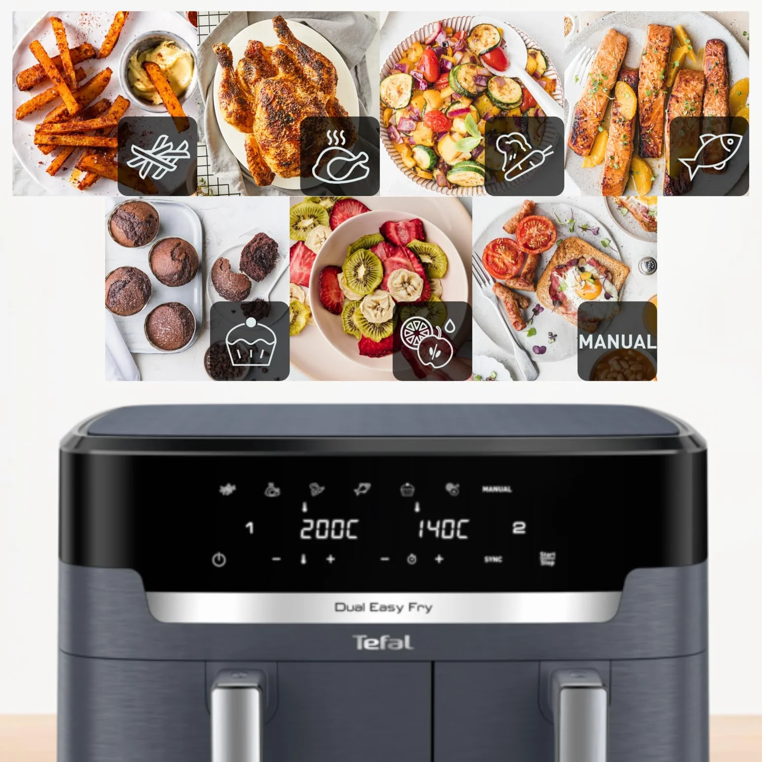 TEFAL EY942B Frytkownica beztłuszczowa Dual Easy Fry XXL 11 l 6,5 l + 4,5 l Extra Crisp szara