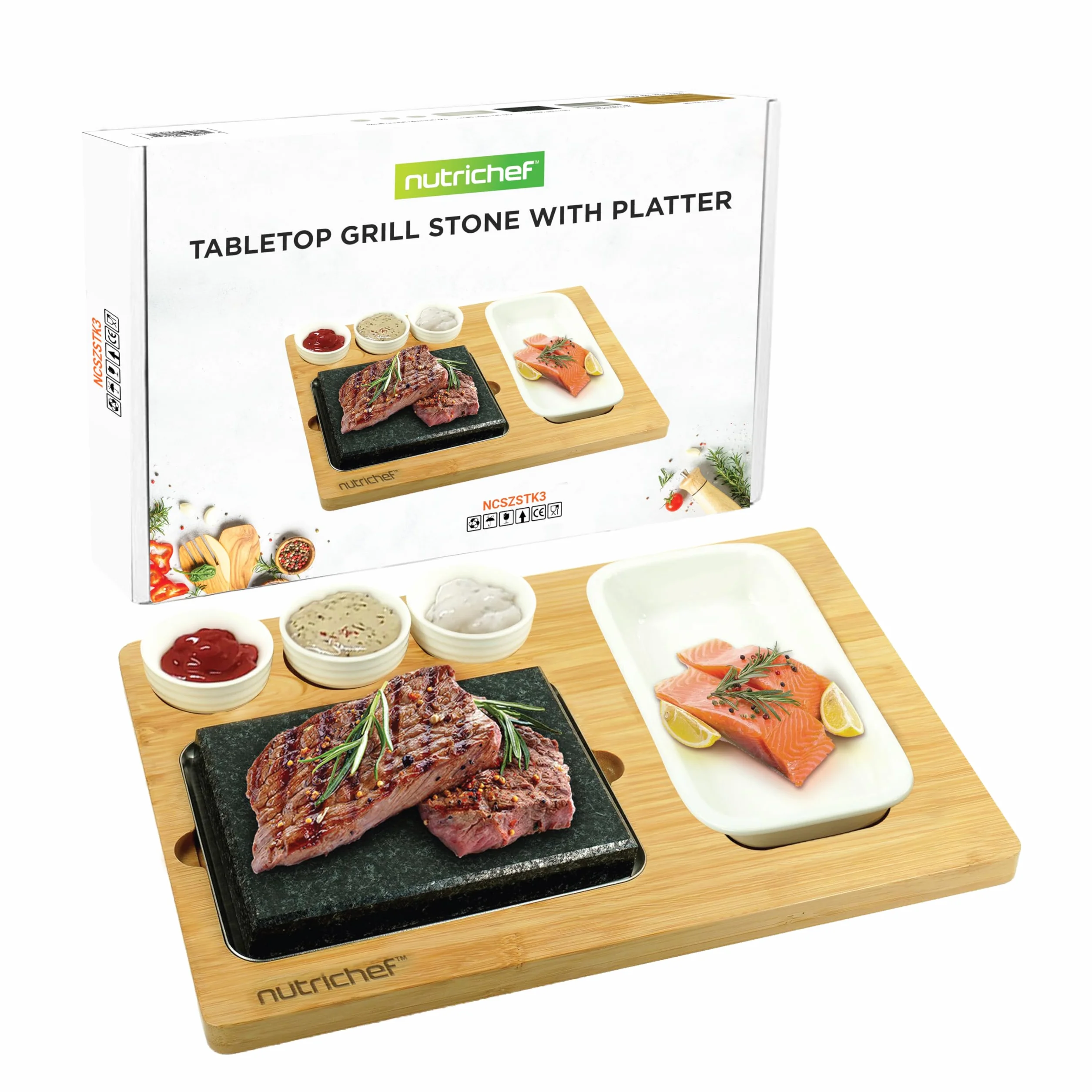 NutriChef Sizzle Hot Stone Zestaw Do Gotowania - Grill Stołowy z Granitu z Bambusową Talerzem, Stali Nierdzewnej, Ceramicznymi Miseczkami
