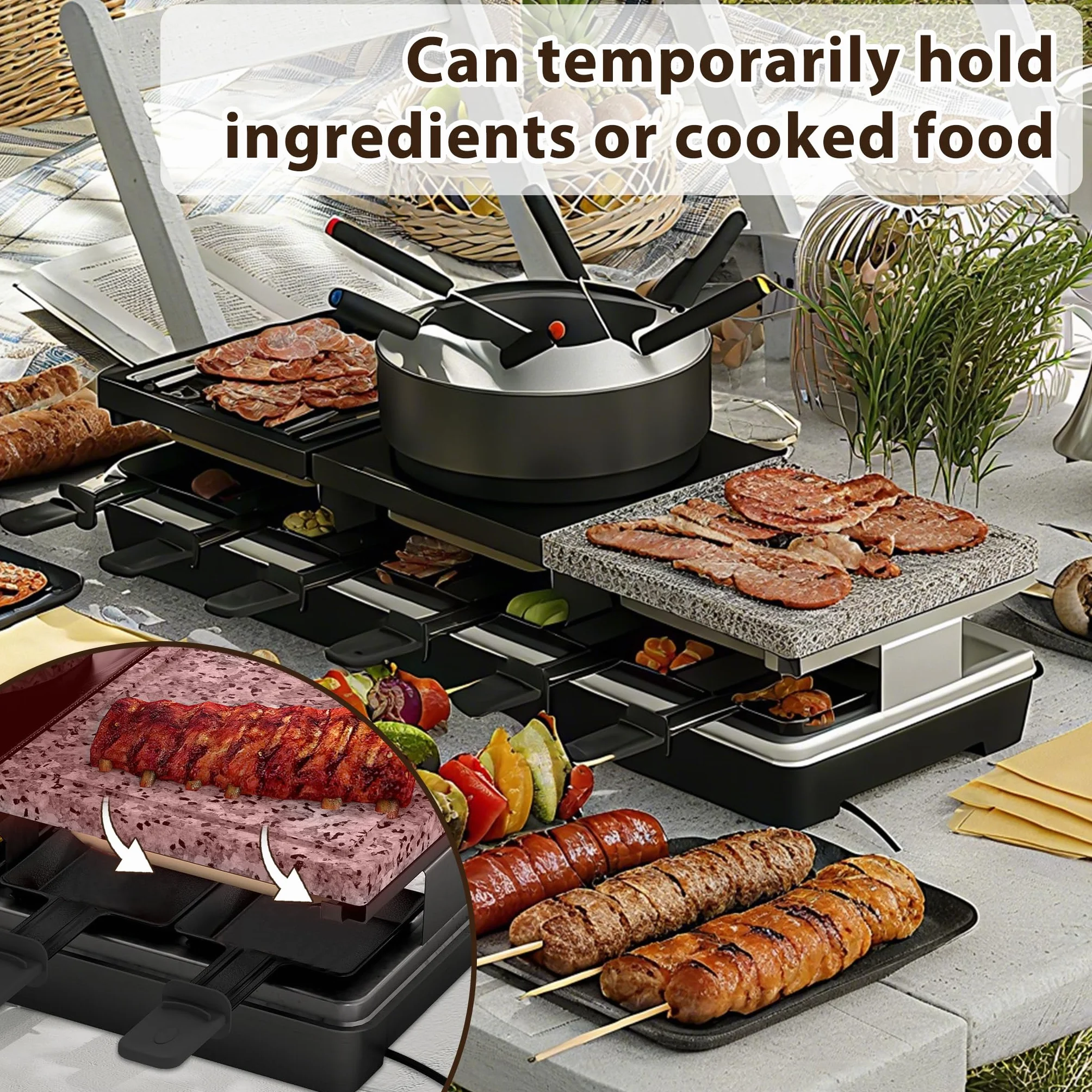 ACXIN Grill do raclette 3 w 1 i zestaw do fondue 1650 W dla 12 osób z płytą kamienną