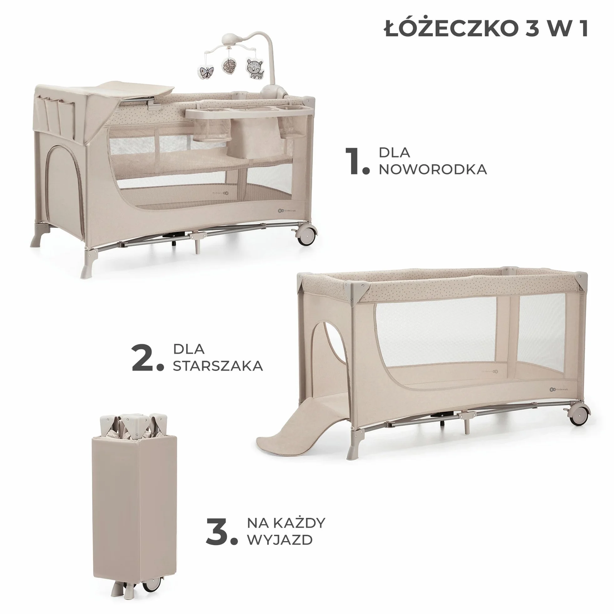 Kinderkraft JOY ACC 2 Łóżeczko turystyczne 3 w 1, Boczne wejście, Beżowy