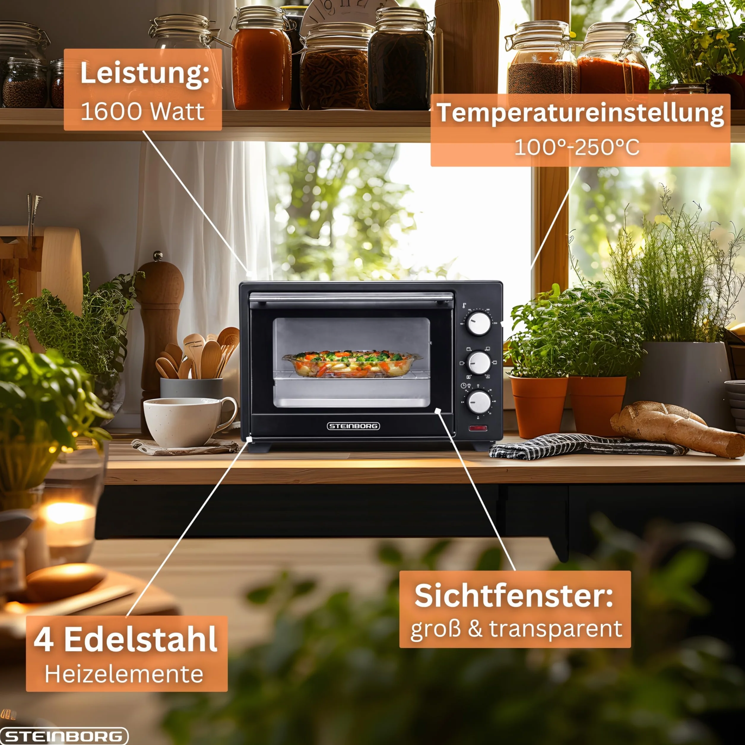 Steinborg Mini Piekarnik 25 Litrów - Piec Do Pizzy 3 w 1, Blacha Na Okruchy, Ogrzewanie Górne/Dolne, Konwekcja, Timer 60 Min, 1600 W, Czarny
